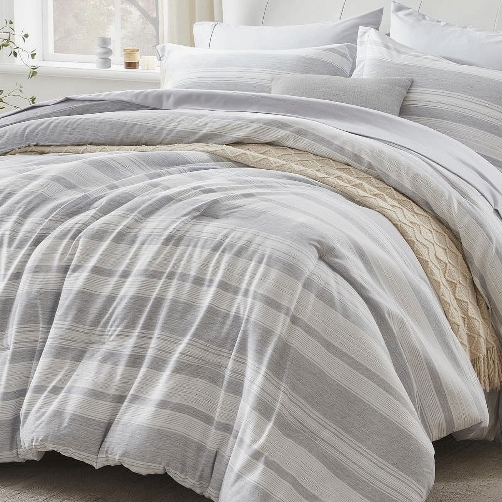 Grey and White Striped Queen Comforter Set with Linen Texture