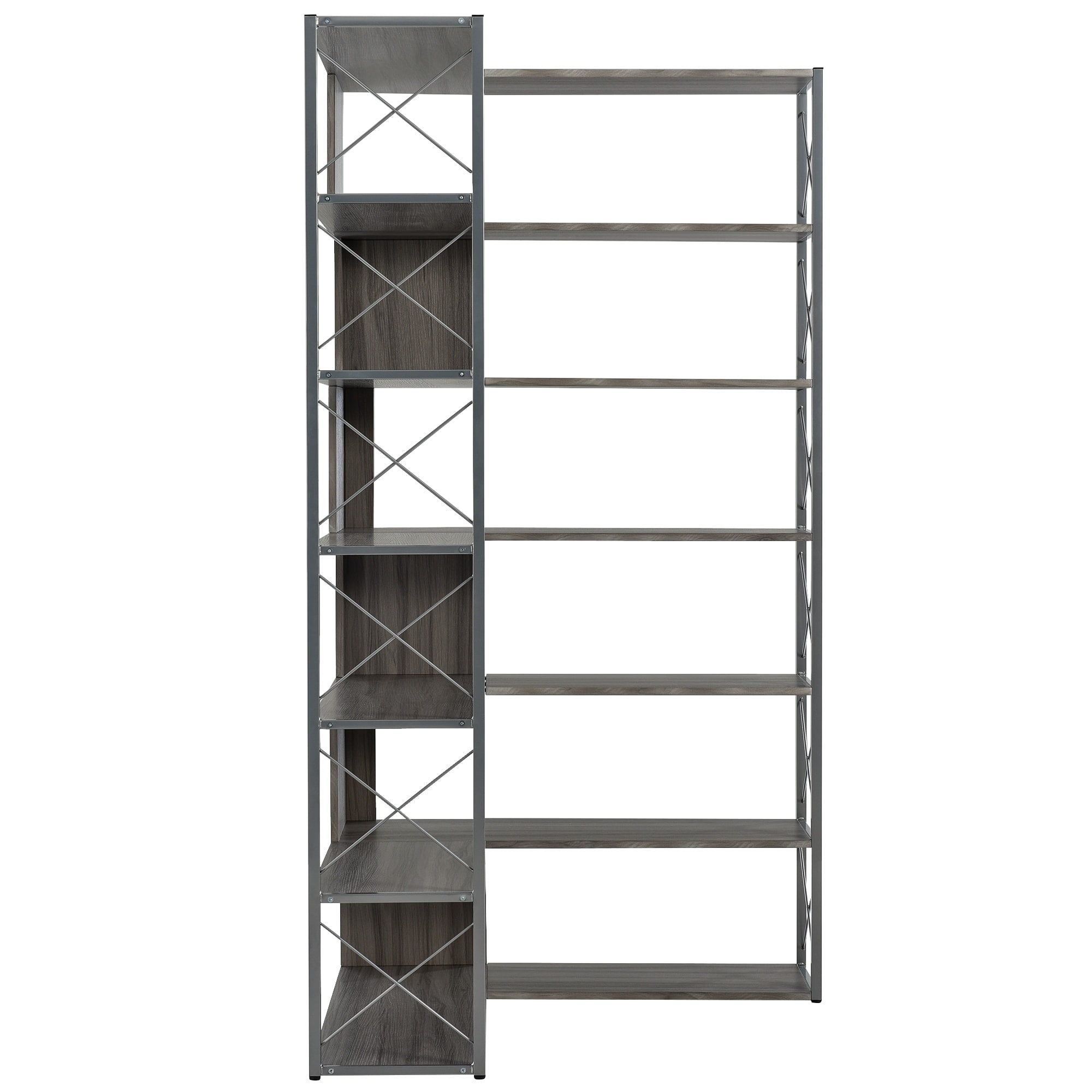 Silver Grey 7-Tier L-Shaped Corner Bookcase with Metal Frame