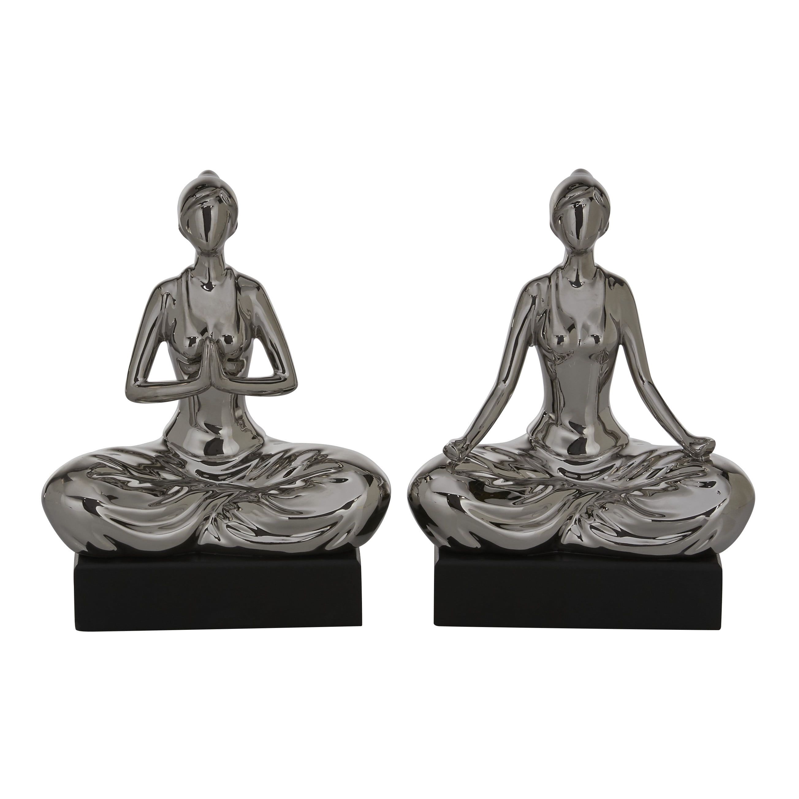 Silver Porcelain Yoga Statue Set with Black Base