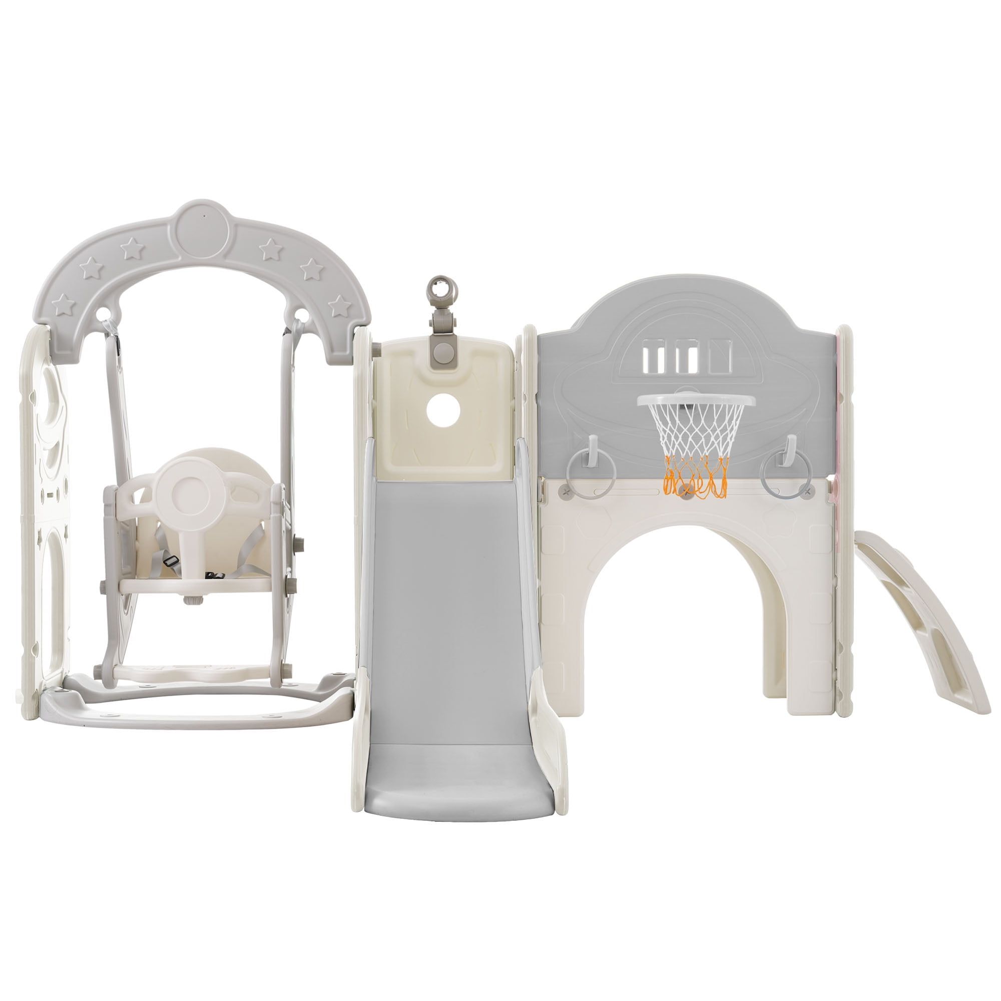 Gray and White 7-in-1 Toddler Slide & Swing Set with Basketball Hoop