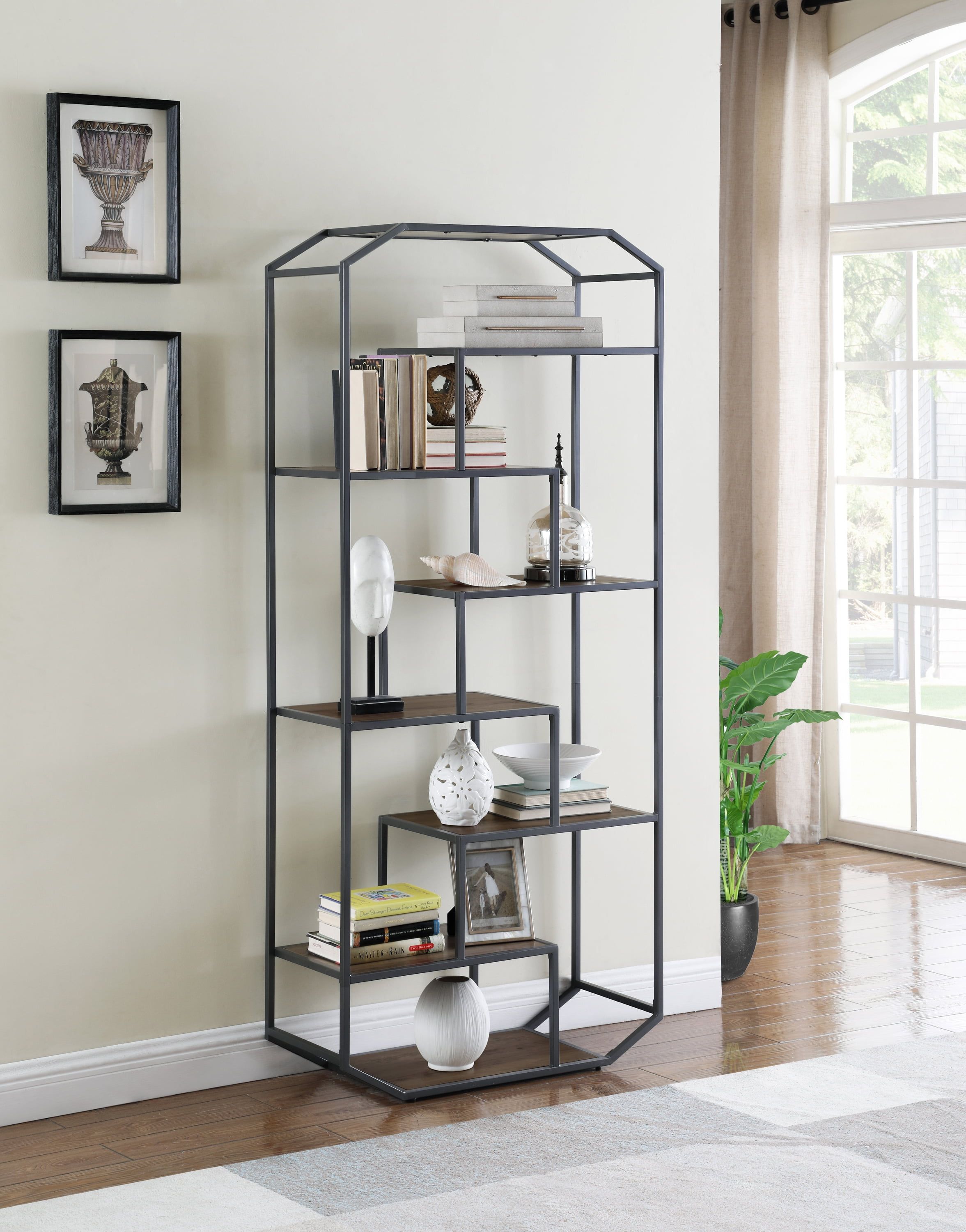 Transitional Rustic Brown and Dark Grey 7-Shelf Bookcase