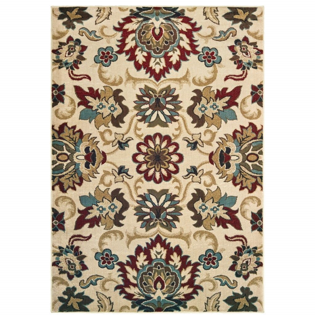 5' x 7' Ivory and Red Floral Synthetic Area Rug