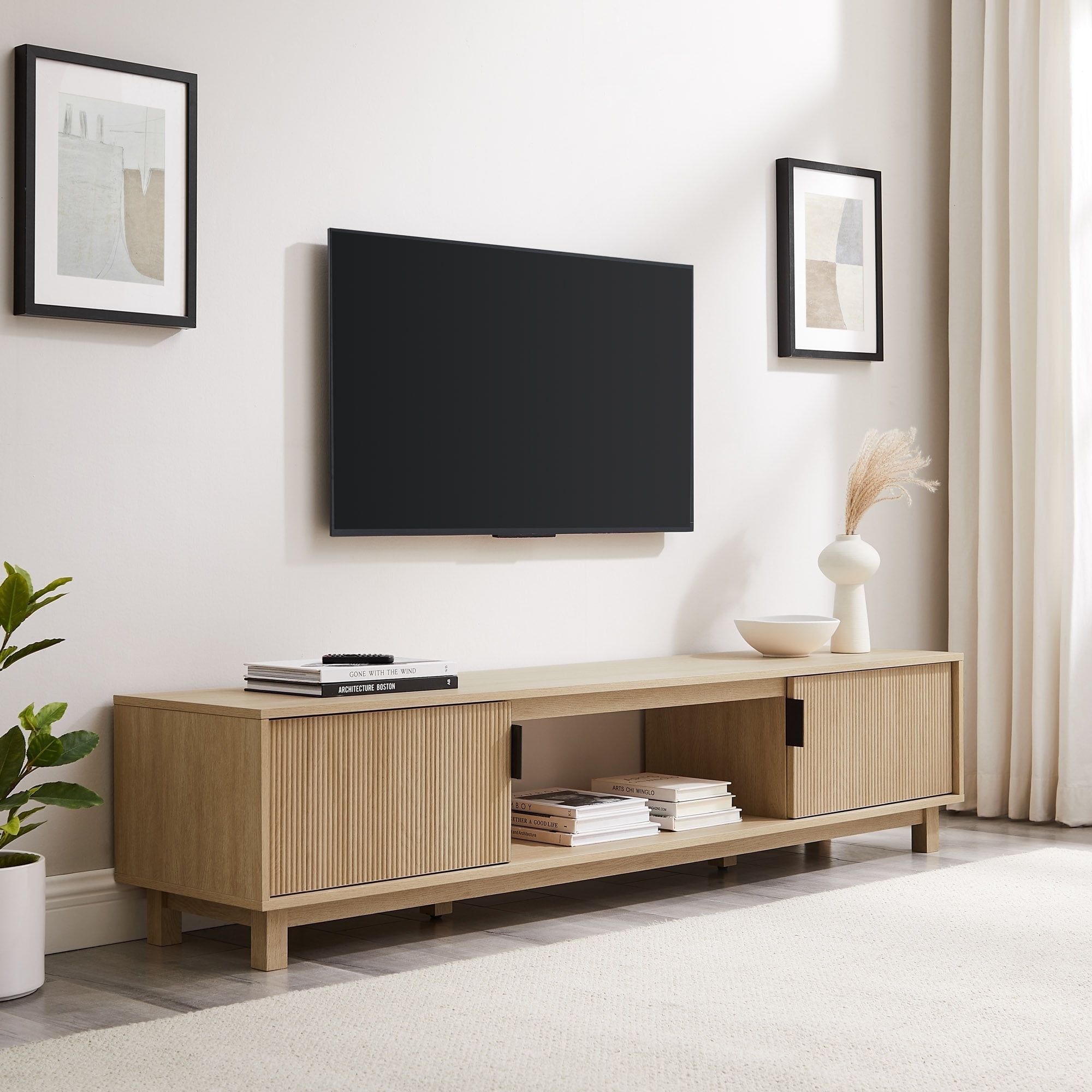 70" Coastal Oak Wood TV Stand with Reeded Doors