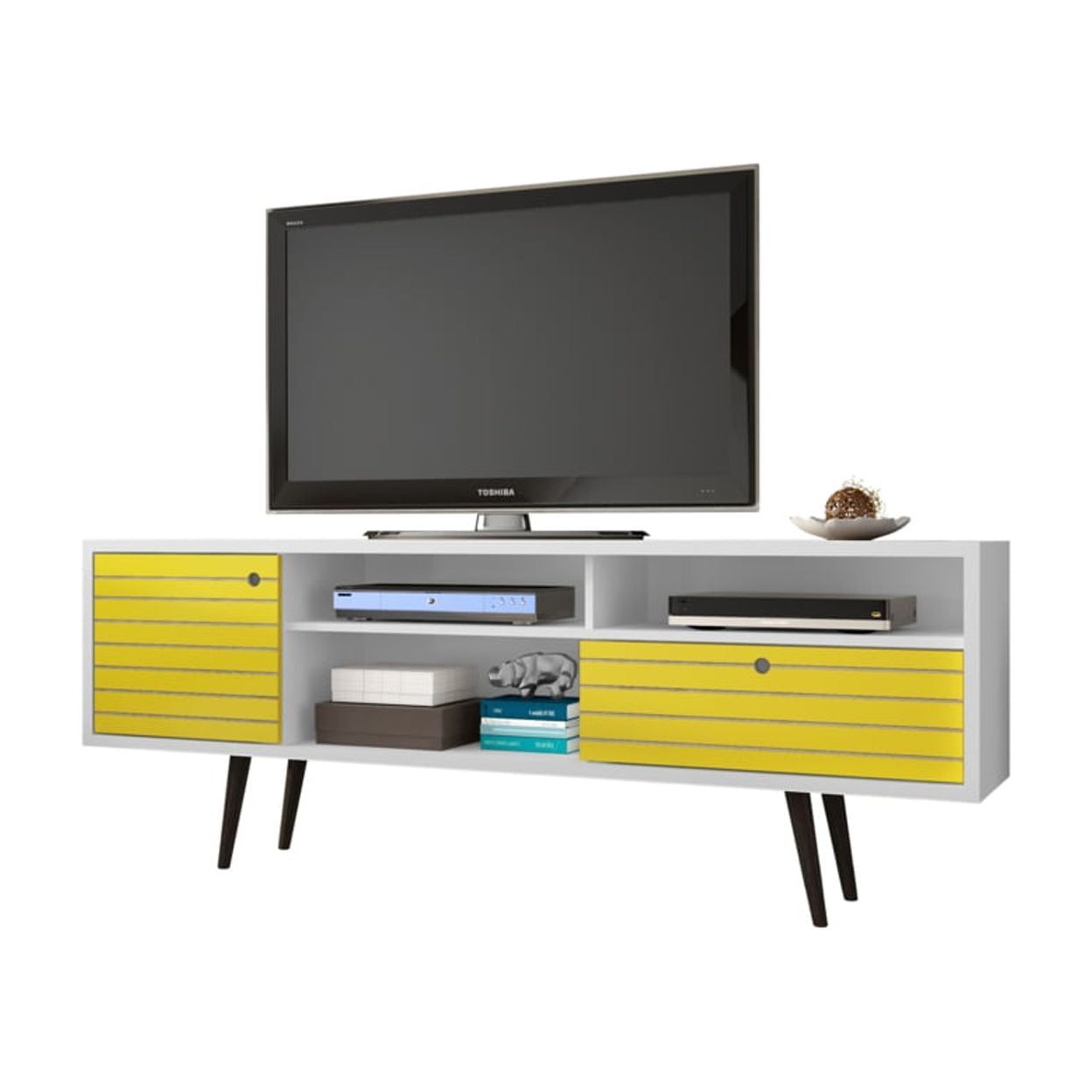 White and Yellow Mid-Century Modern TV Stand with Cabinet