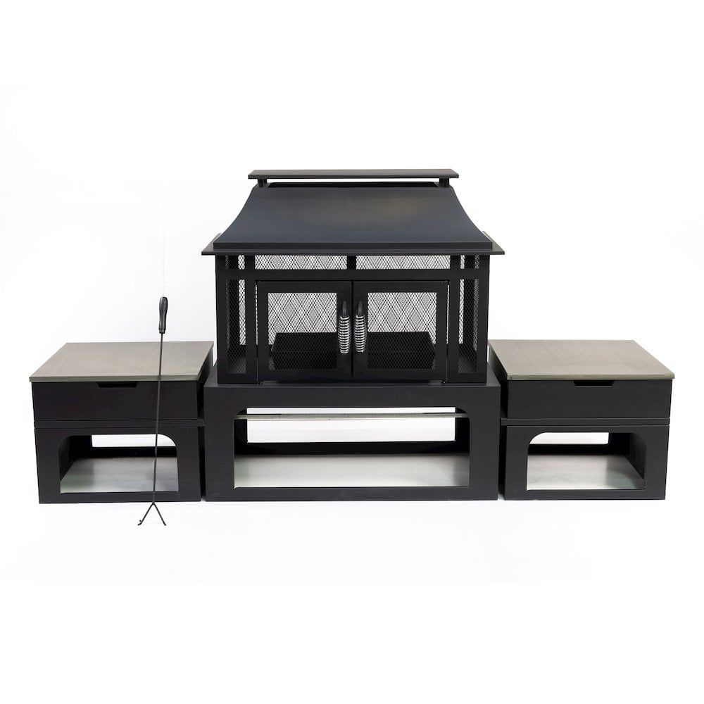 70-Inch Black Steel Woodburning Fire Pit with Side Tables