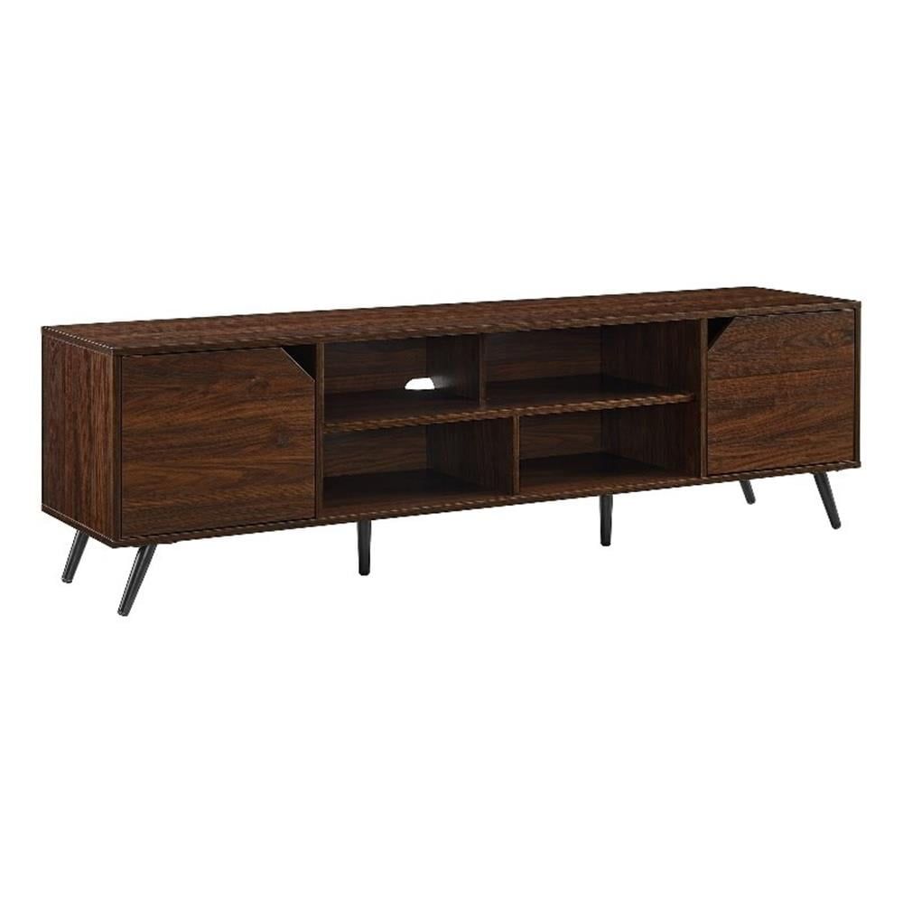 70" Dark Walnut Wood TV Stand with Cabinet and Shelves