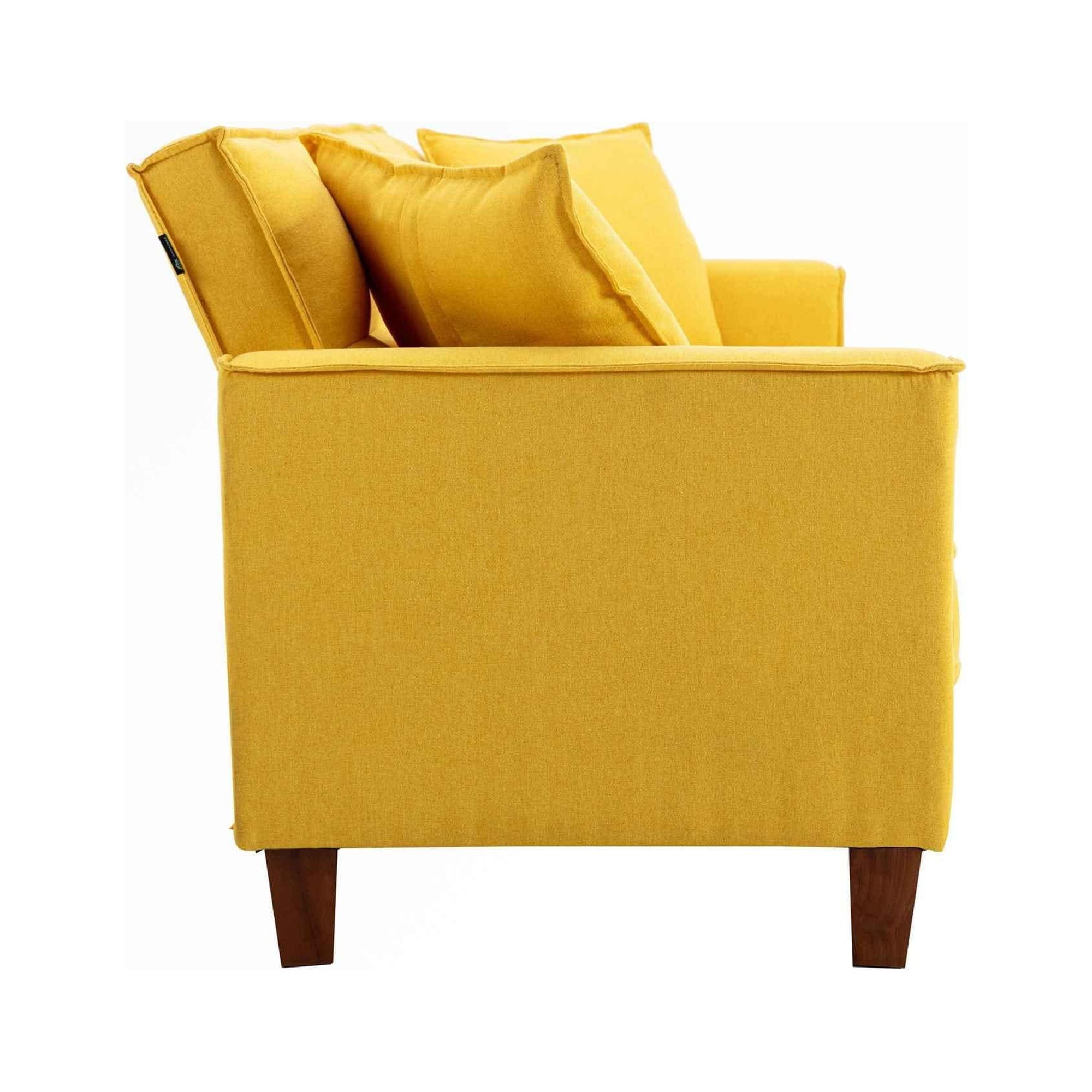 Yellow Linen Loveseat Sofa with Tufted Cushions and Pillows