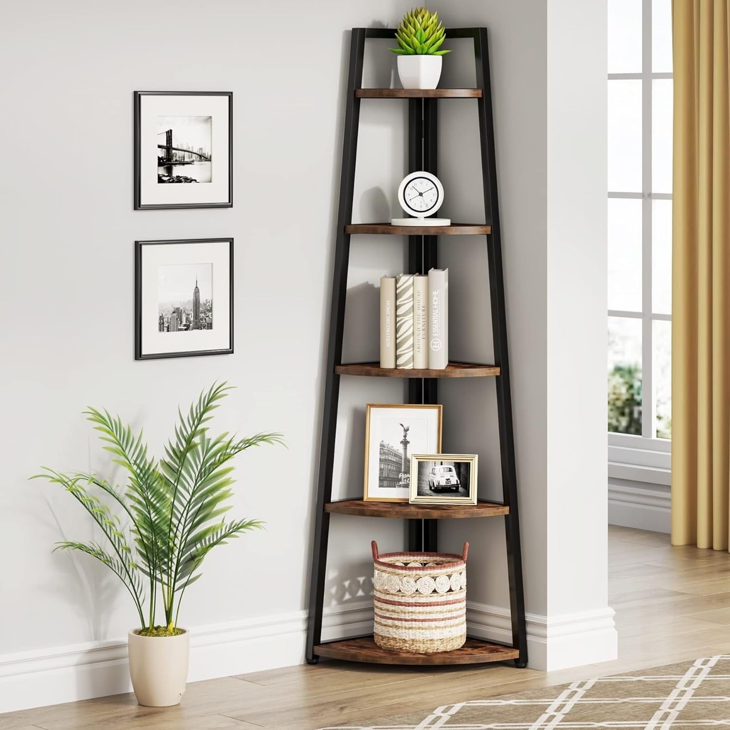 Brown 70-Inch Industrial Corner Ladder Bookshelf