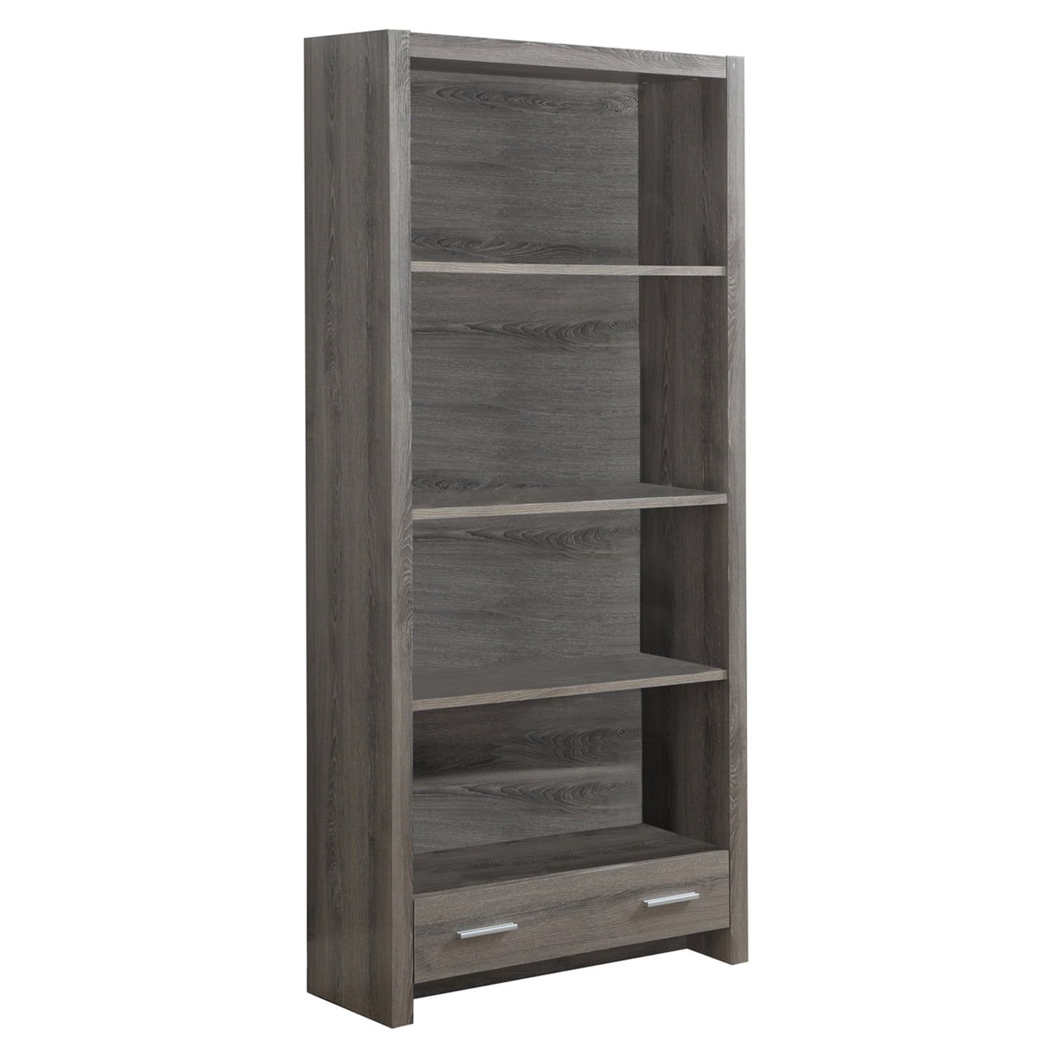 Gray Adjustable Four-Tier Bookcase with Doors and Drawer