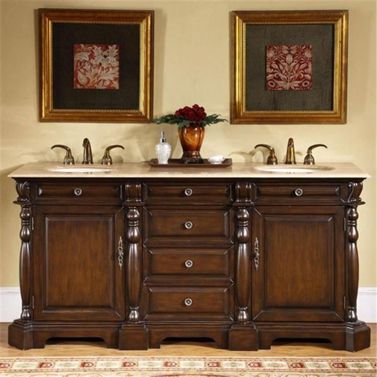 Chestnut 72" Double Sink Traditional Bathroom Vanity with Travertine Top