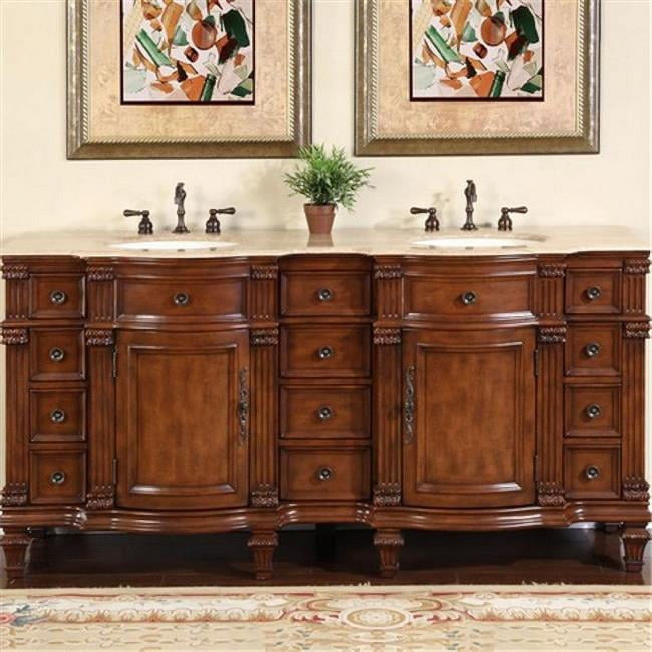 Traditional Rosewood Double Sink Bathroom Vanity with Travertine Top