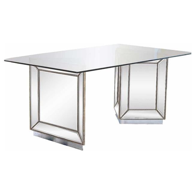 72" Glass Top Silver Mirrored Wood Dining Table