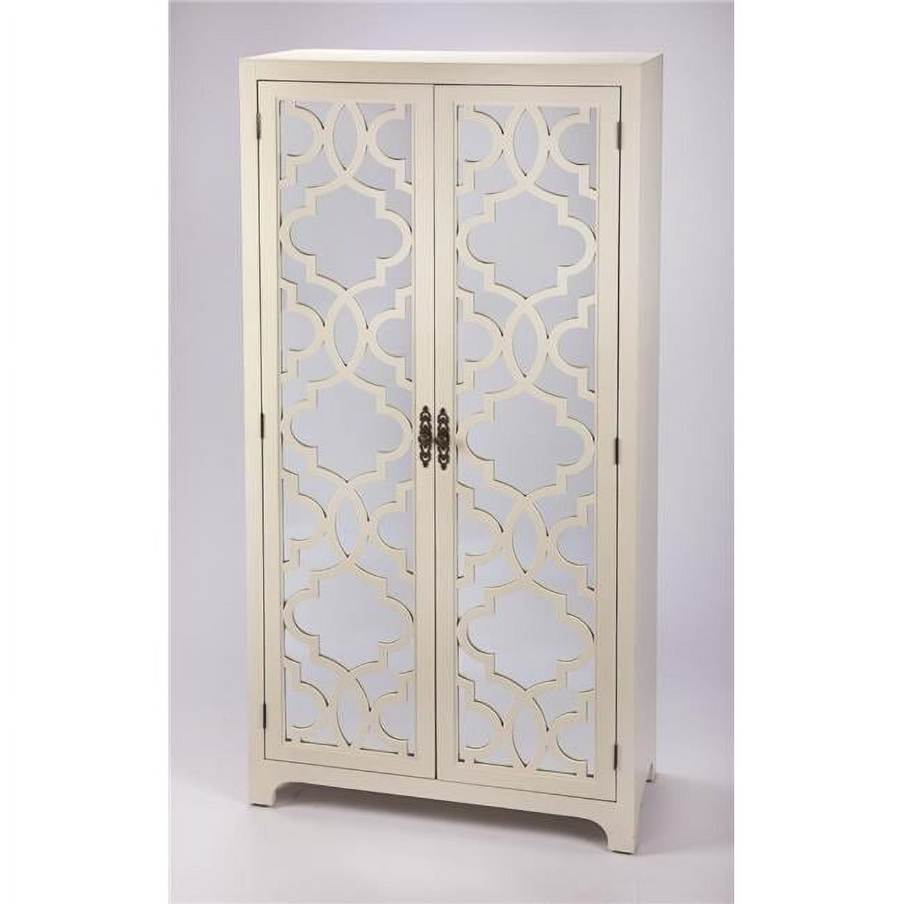 Elegant White Mirrored Armoire with Trellis Pattern and Brass Handles