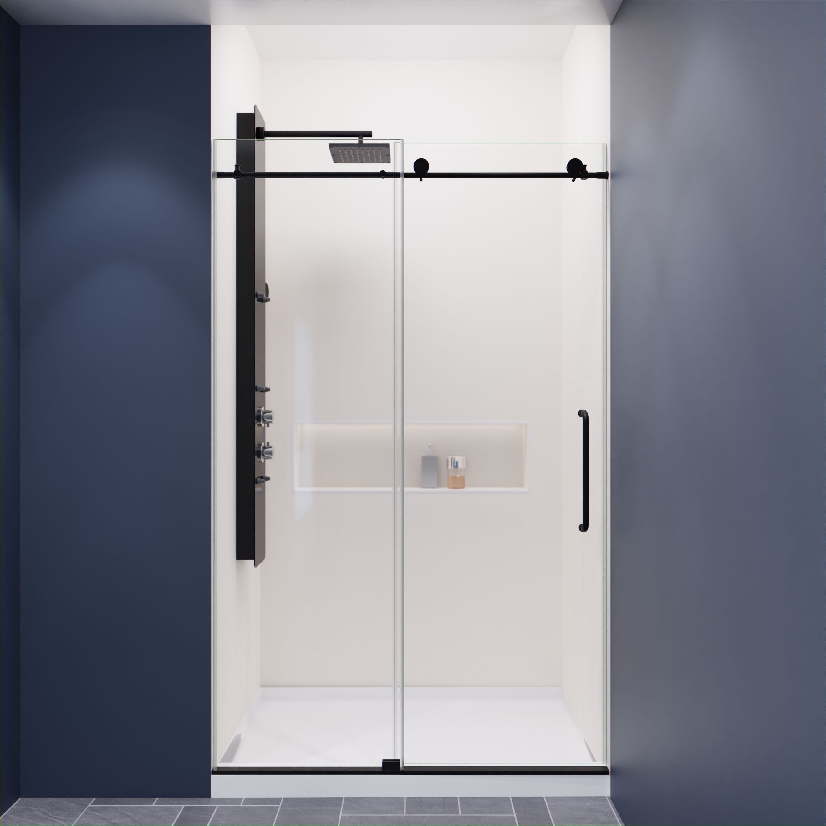 Matte Black Frameless Sliding Shower Door with Clear Glass Panels