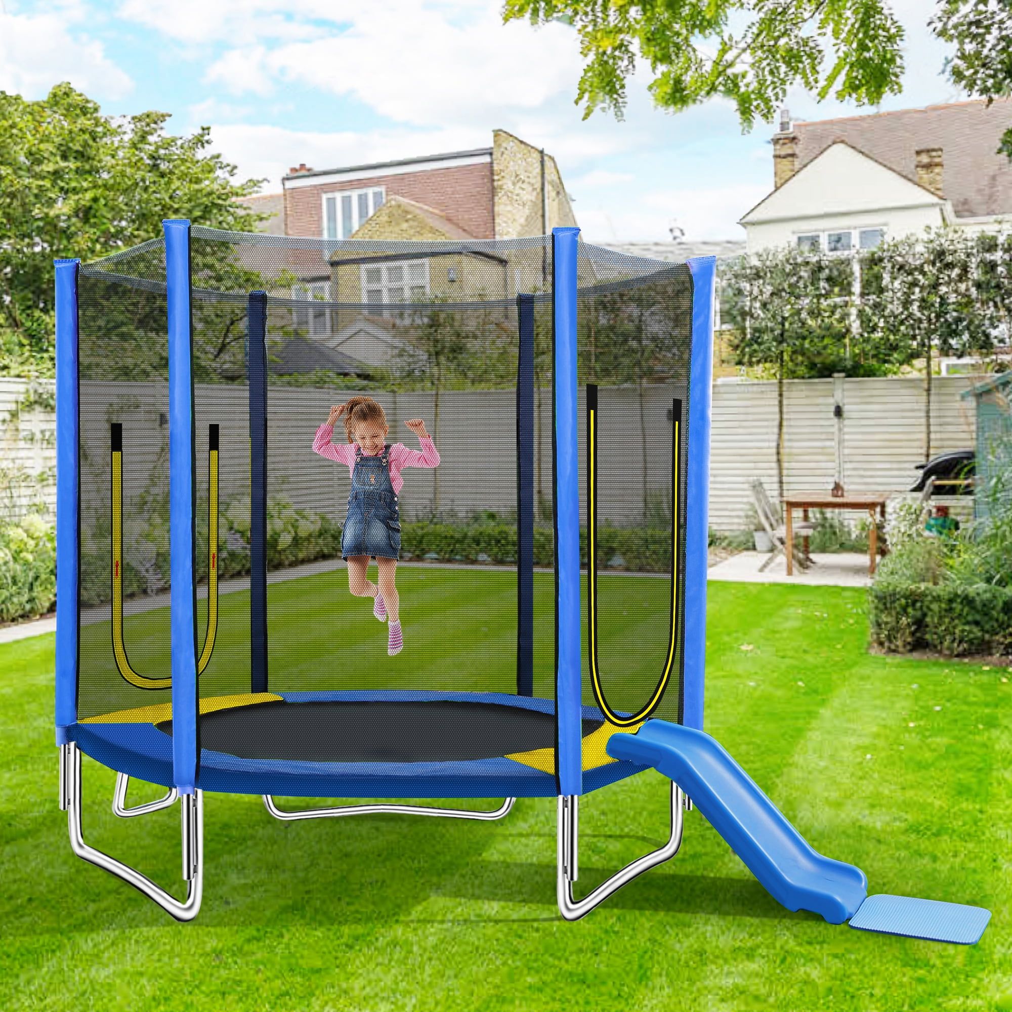 7FT Blue Kids Trampoline with Safety Net and Slide