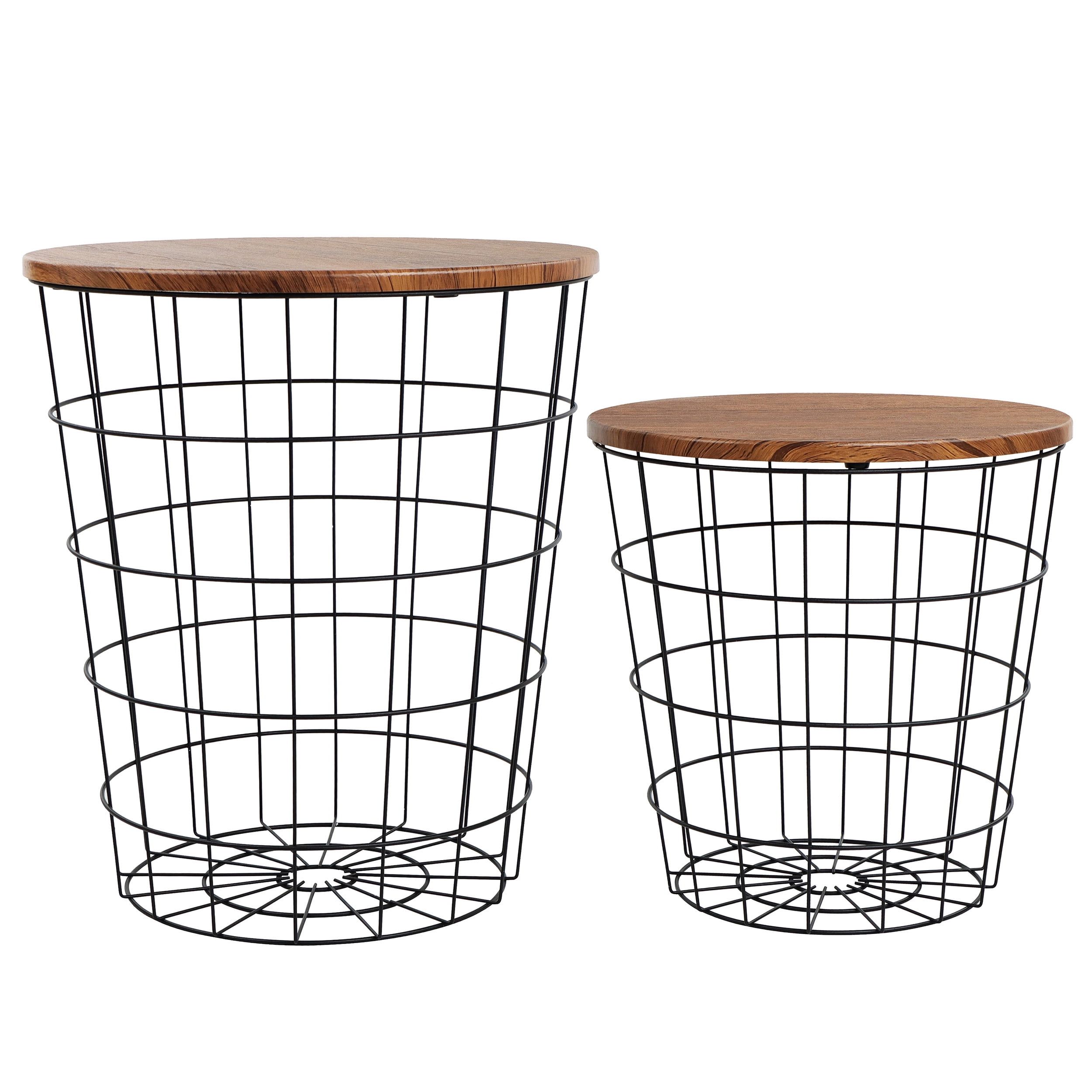 Round Black Metal Wire Basket Side Tables with Wood Composite Tops