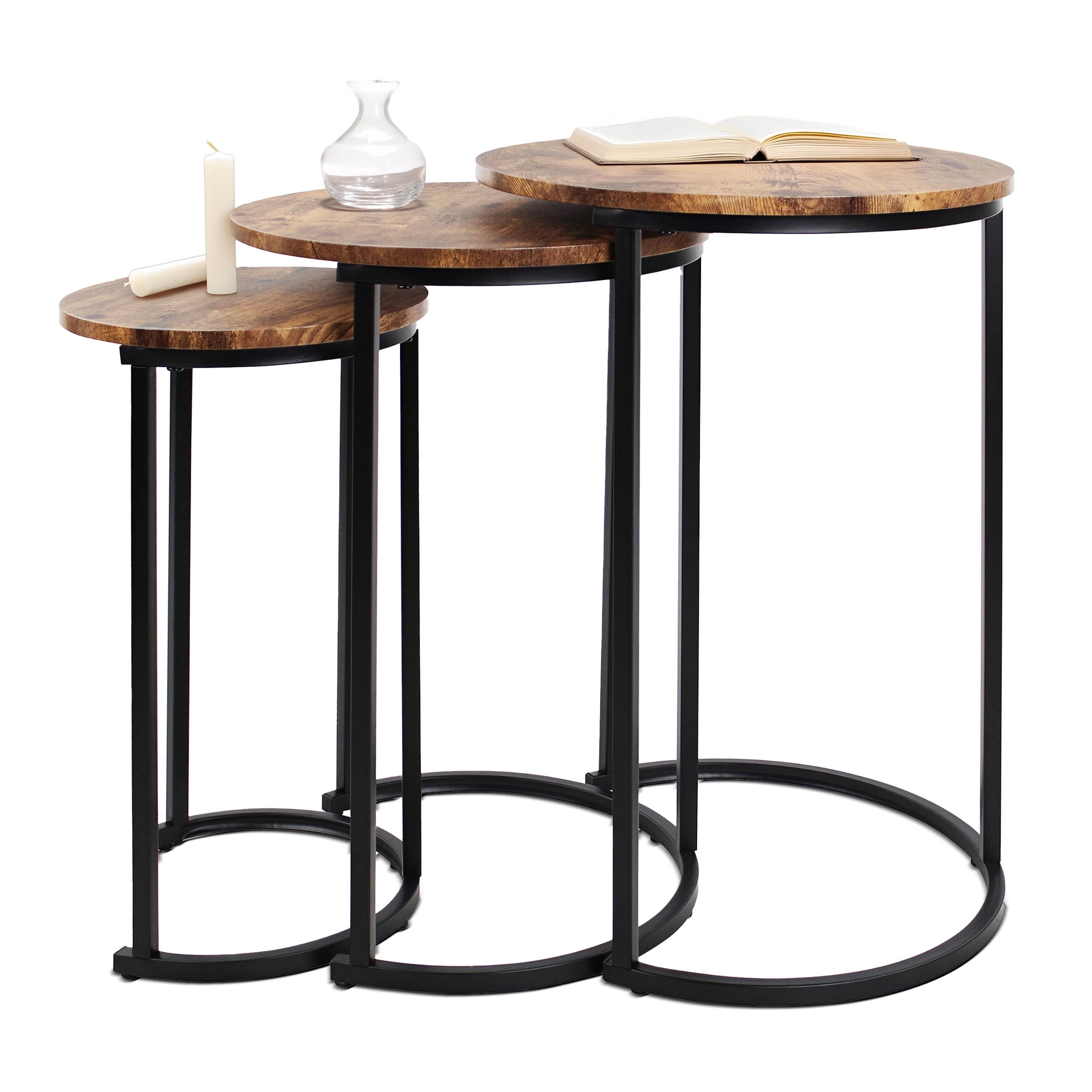 Set of 3 Round Wood and Metal Nesting Tables