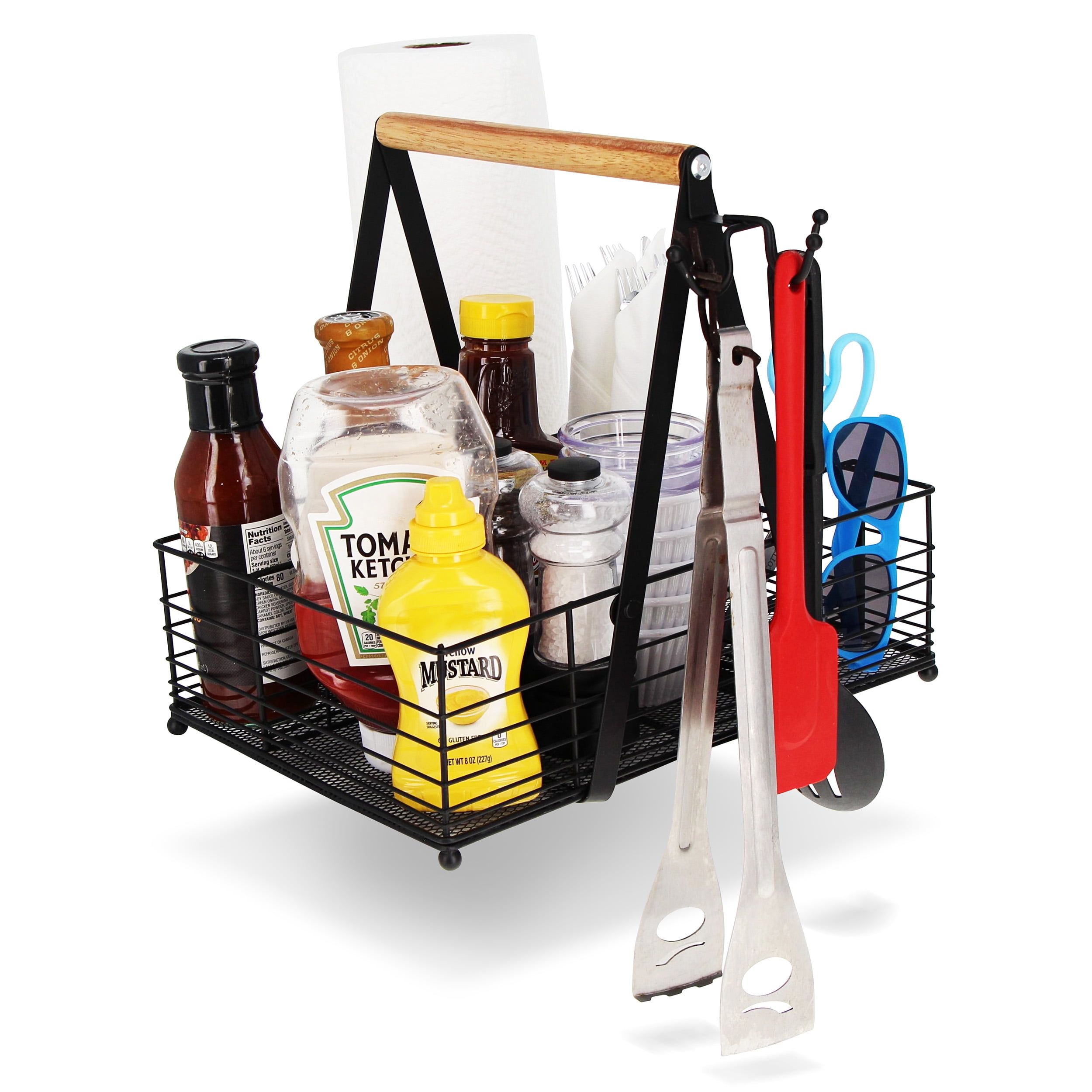 Black Wire BBQ Caddy with Wooden Handle and 4 Compartments