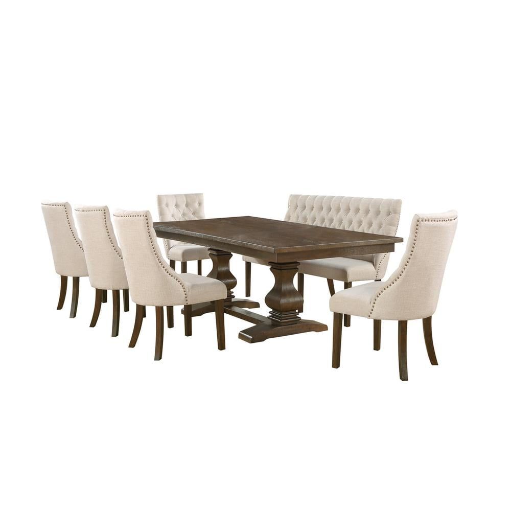 7-Piece Walnut Wood Dining Set with Beige Linen Chairs and Bench