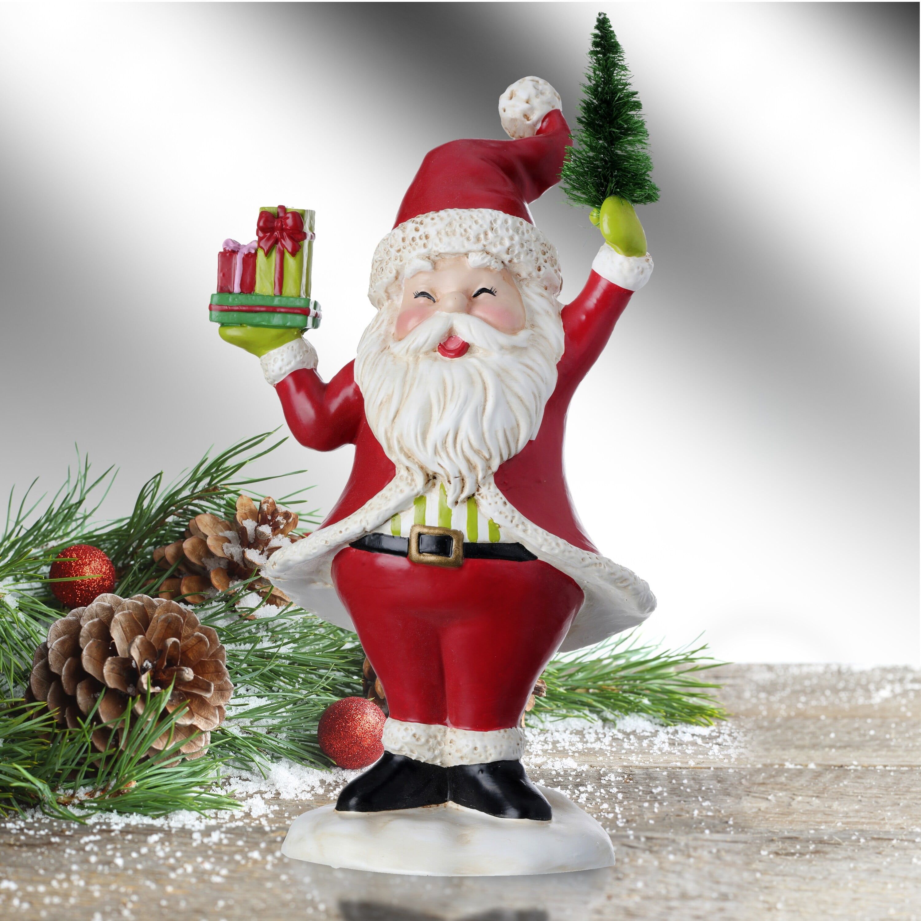 8.5" Red and White Resin Santa with Gifts and Tree