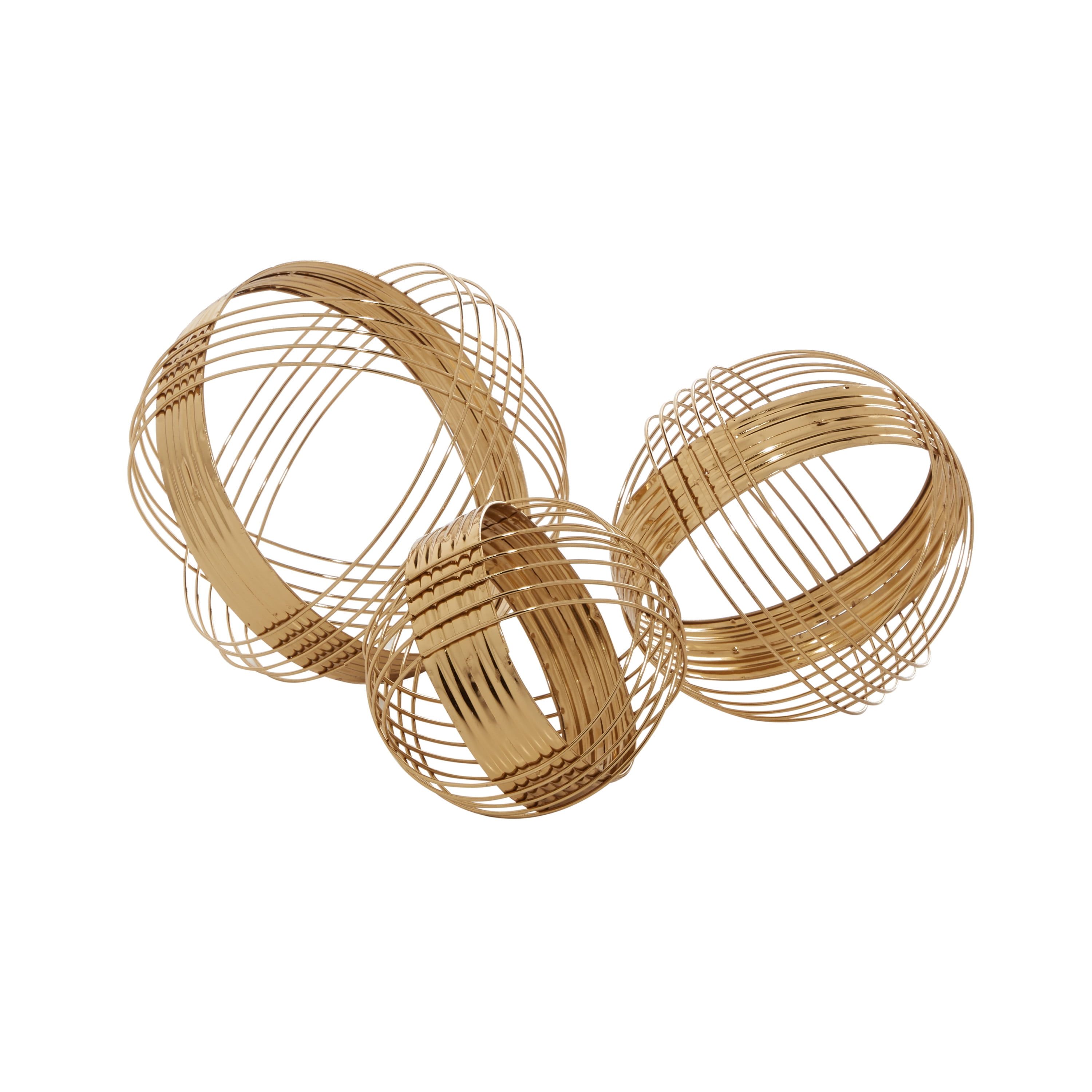 Gold Metal Geometric Wire Orb Sculptures, Set of 3