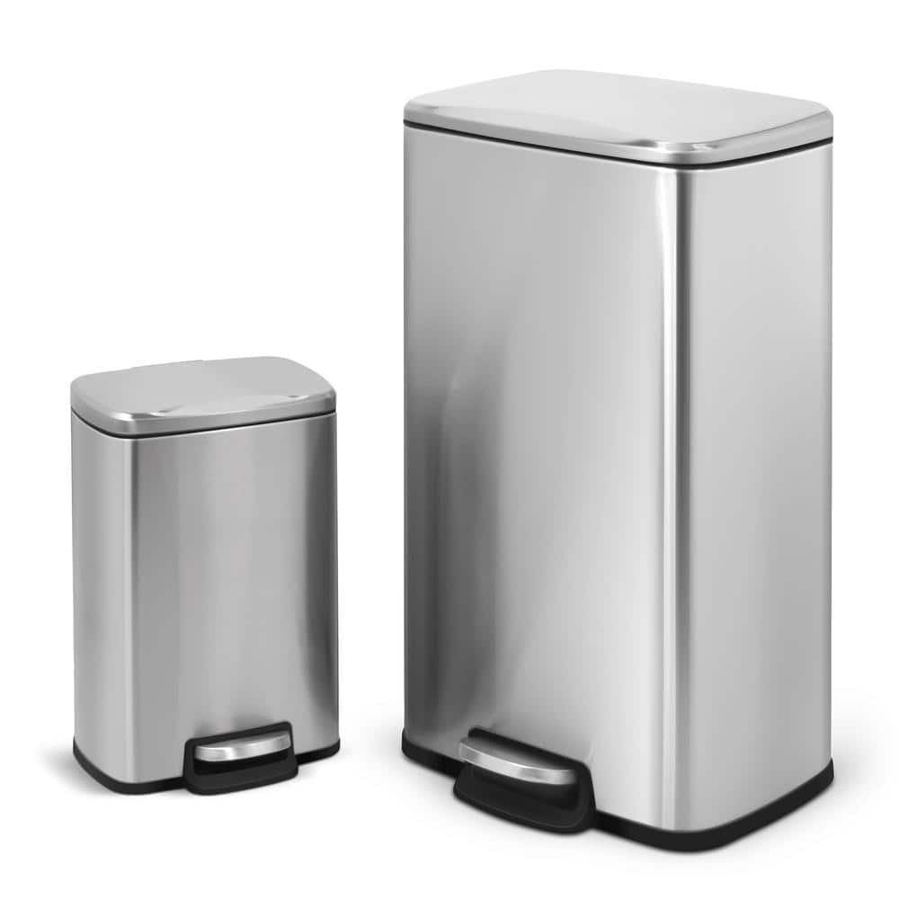 Fingerprint Resistant Brushed Stainless Steel Step-On Trash Can Set