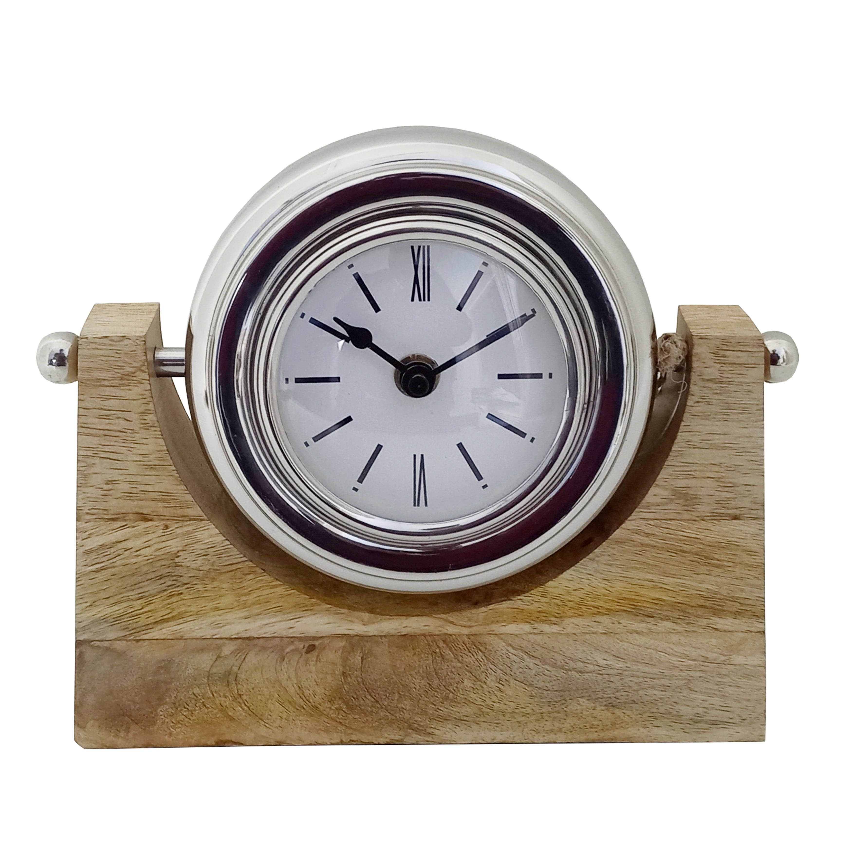 8" Silver Nickel Table Clock with Wood Stand