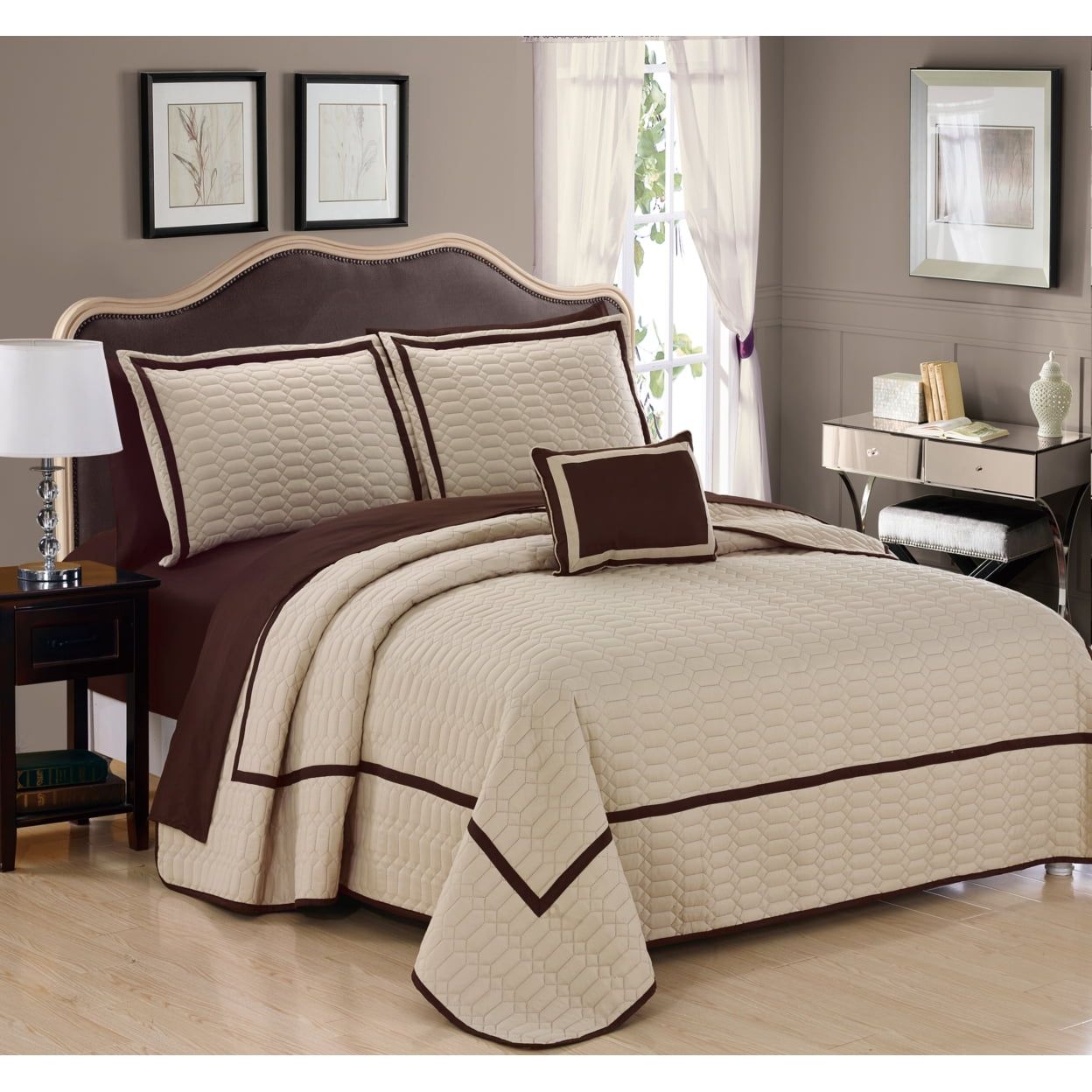 Elegant Beige Microfiber Queen Quilt Set with Geometrical Embroidery