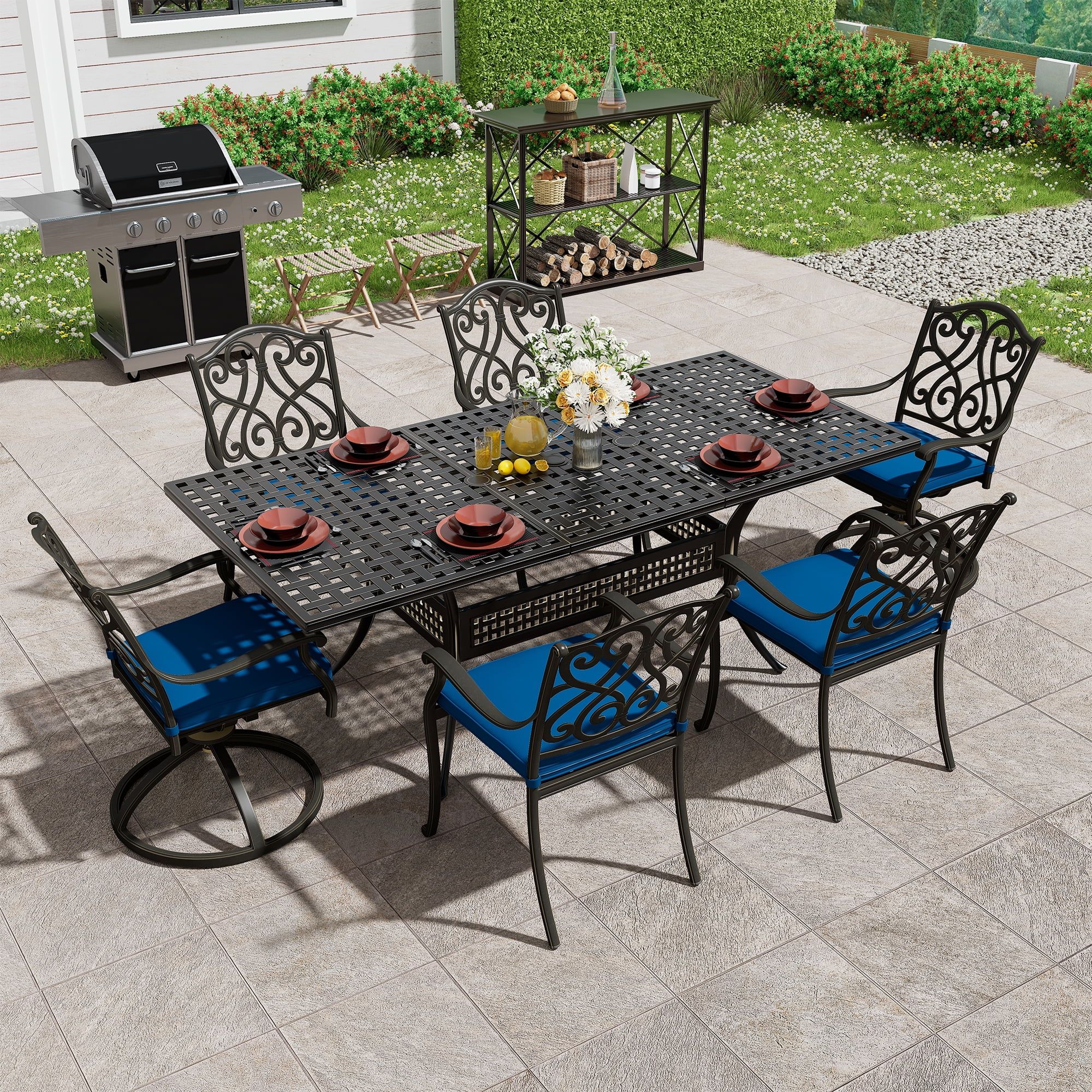 Black Cast Aluminum 6-Person Outdoor Dining Set with Blue Cushions