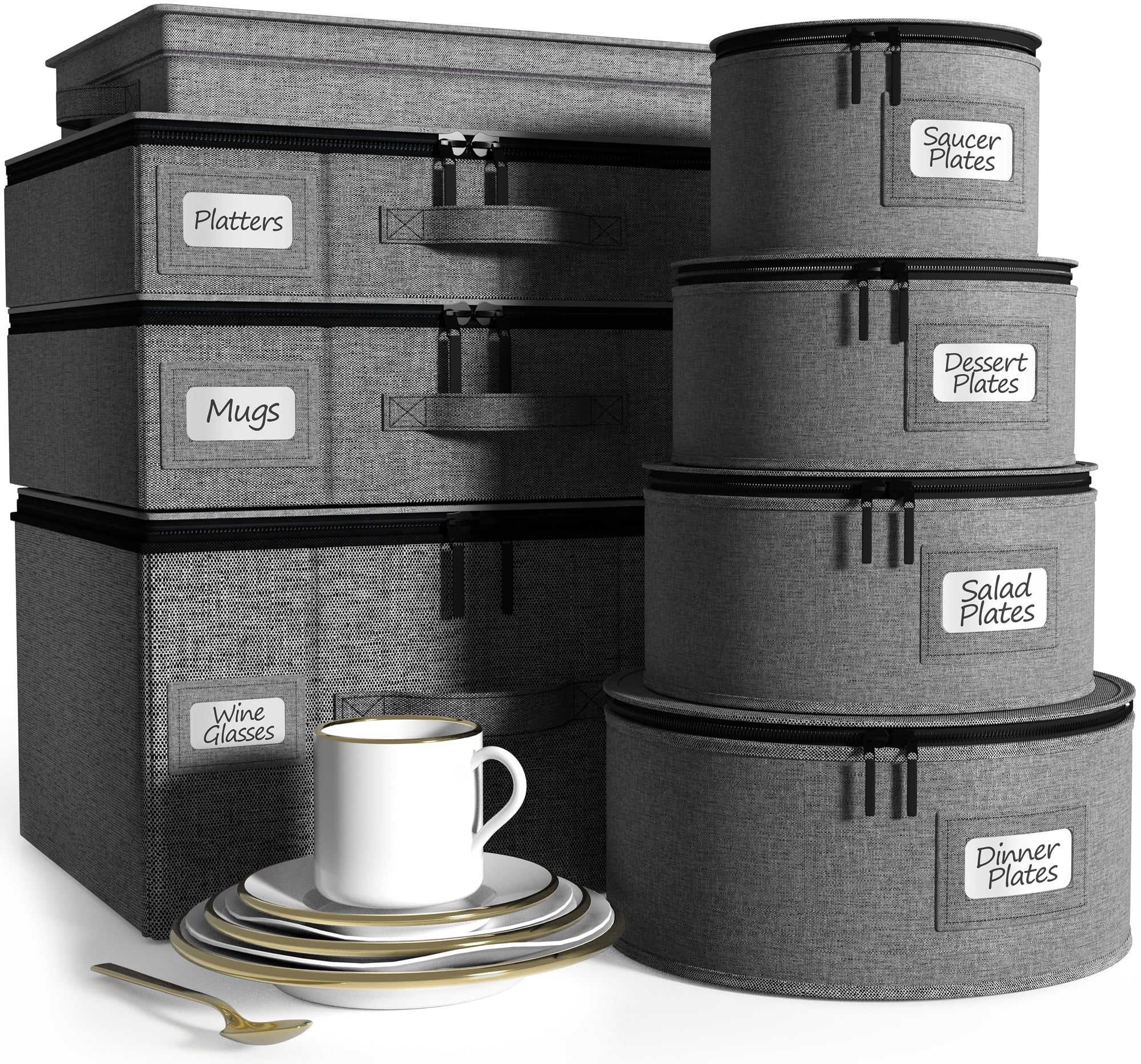 8-Piece Gray Quilted China Storage Set with Zipper Closure