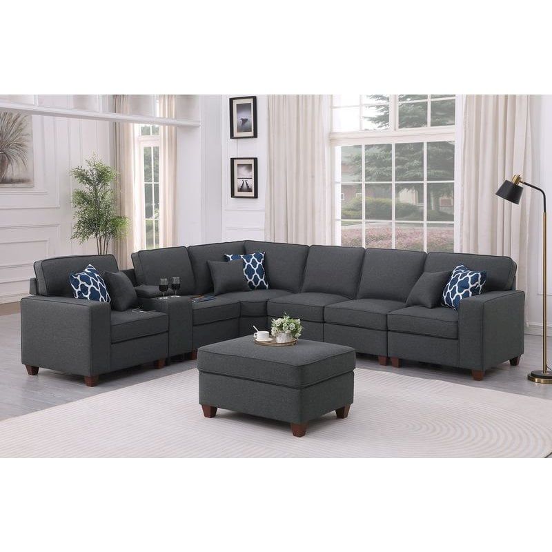 Dark Gray 8-Piece Fabric Upholstered Sectional with Ottoman and Cup Holder