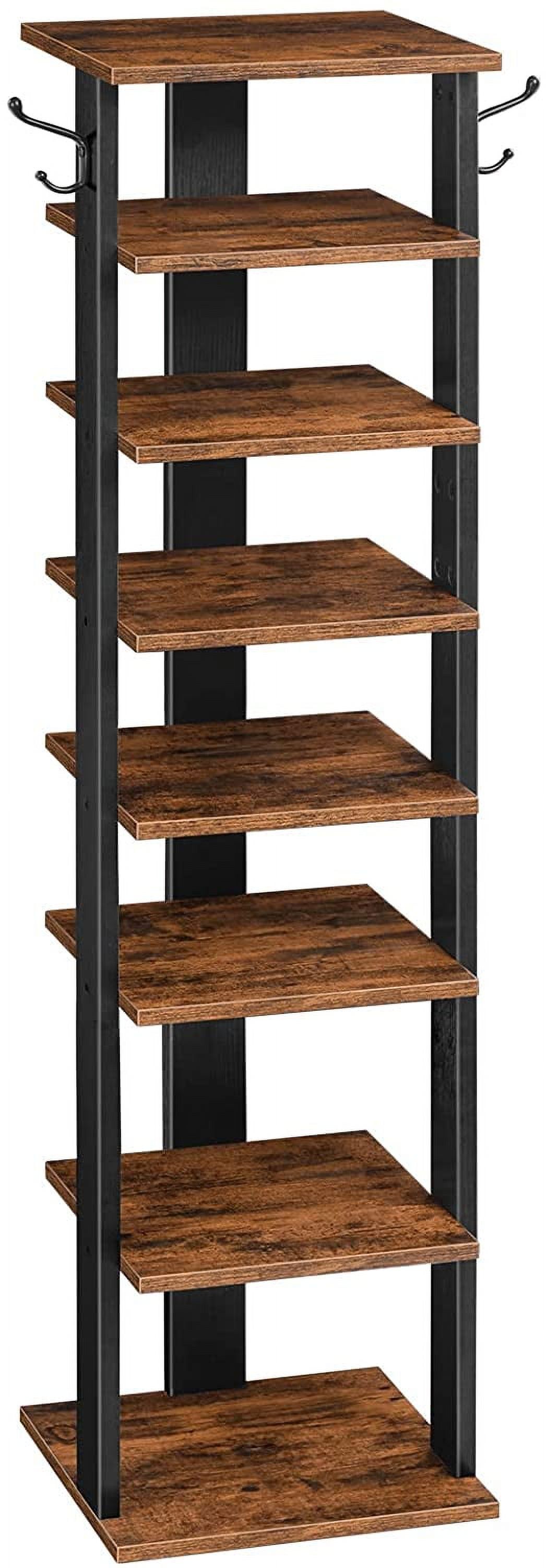 Rustic Brown 8-Tier Wooden Vertical Shoe Rack with Hooks