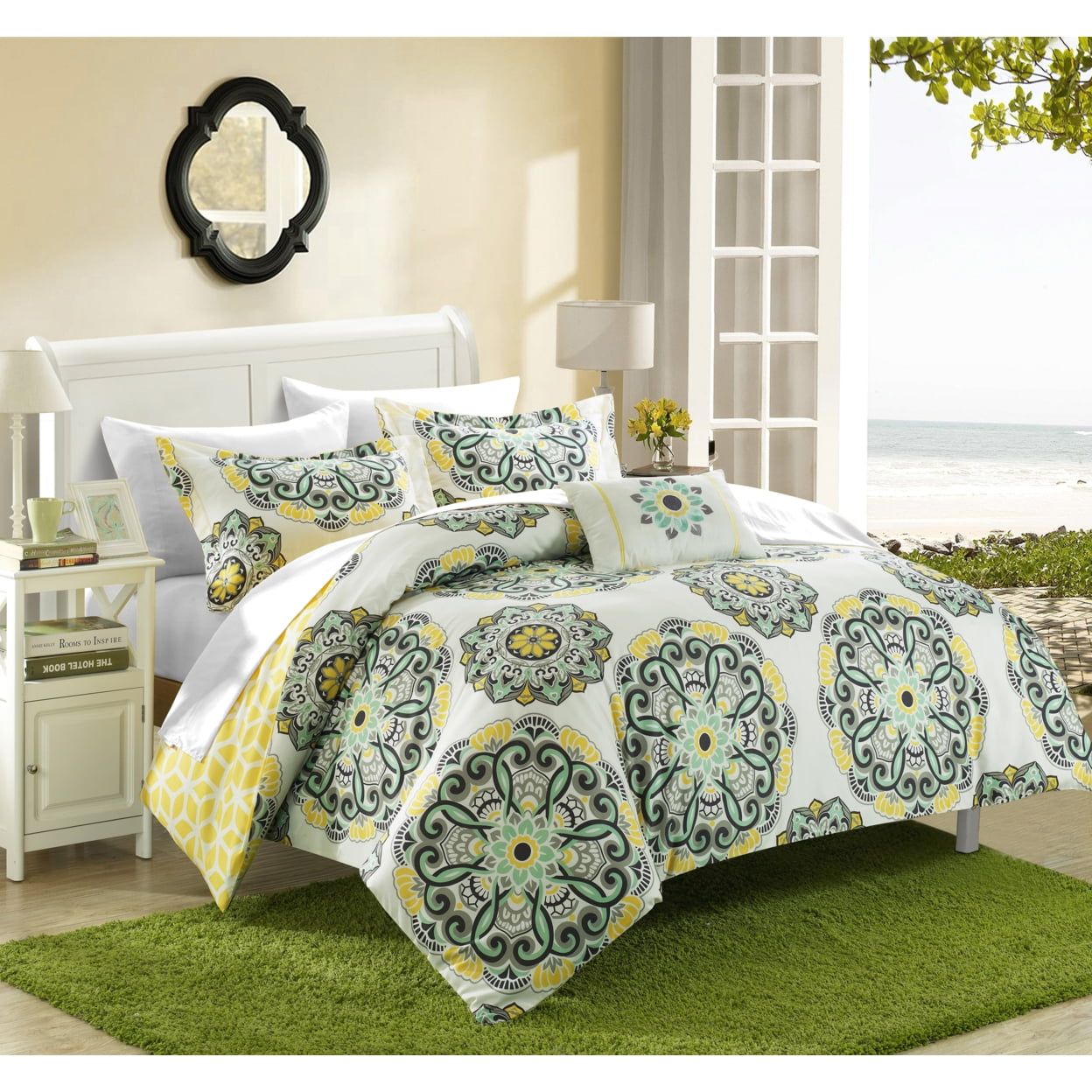 Yellow Medallion Reversible Microfiber Full Comforter Set