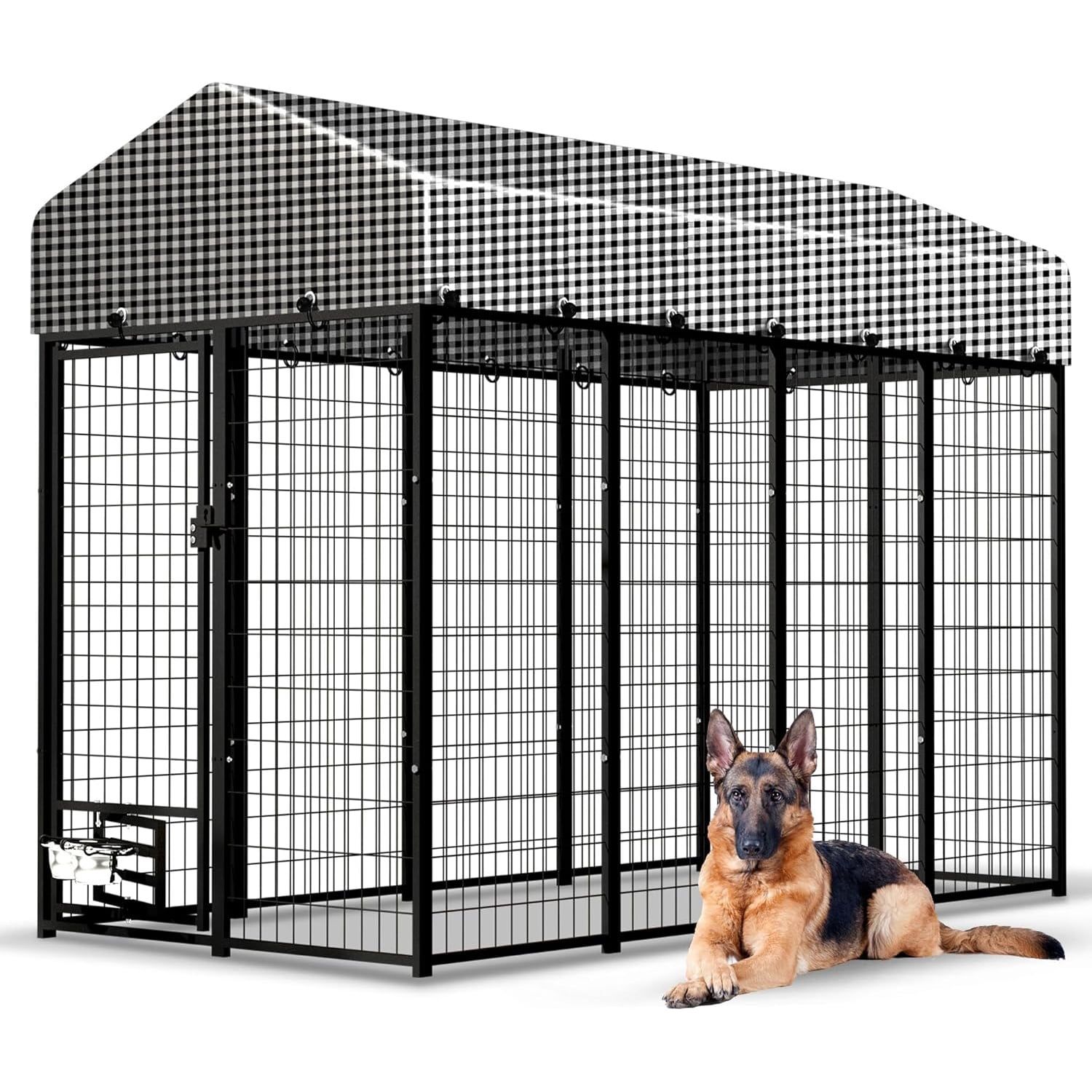 Large Black Steel Outdoor Dog Kennel with Waterproof Cover