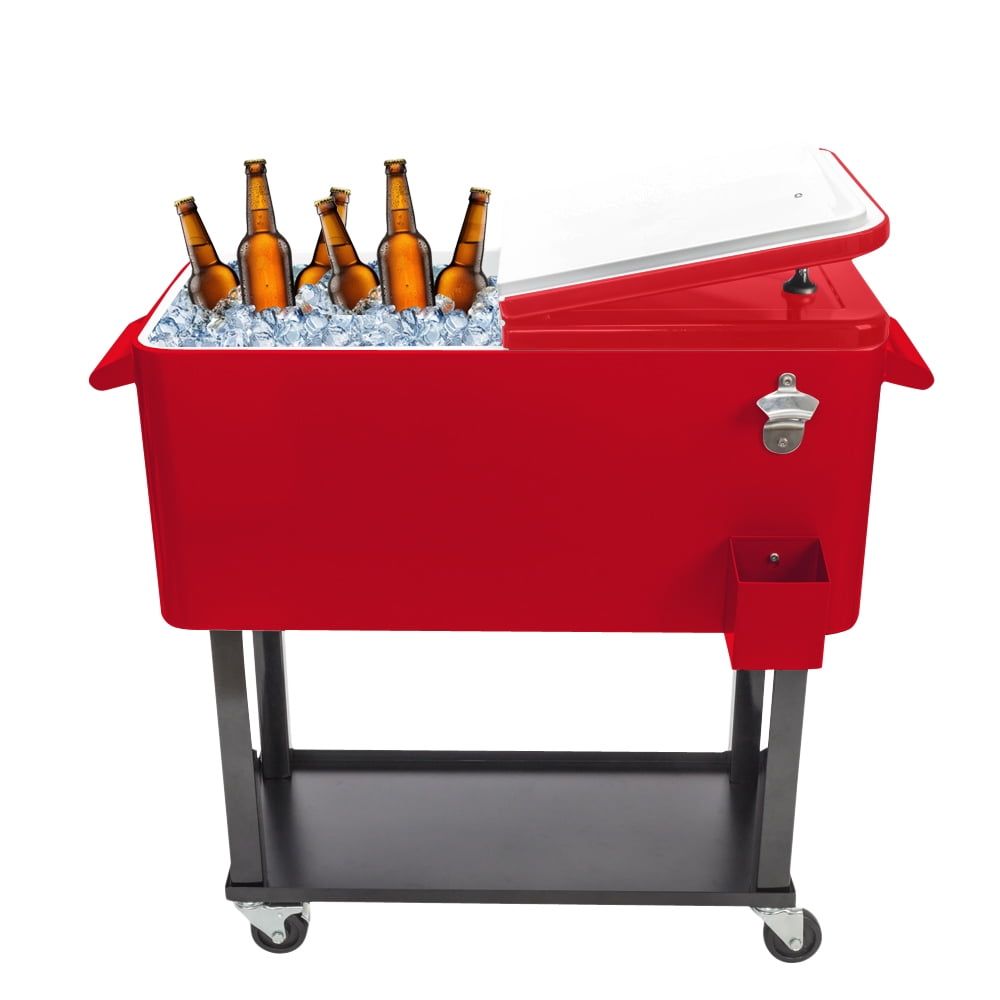 80 Quart Red Rolling Cooler with Shelf and Bottle Opener