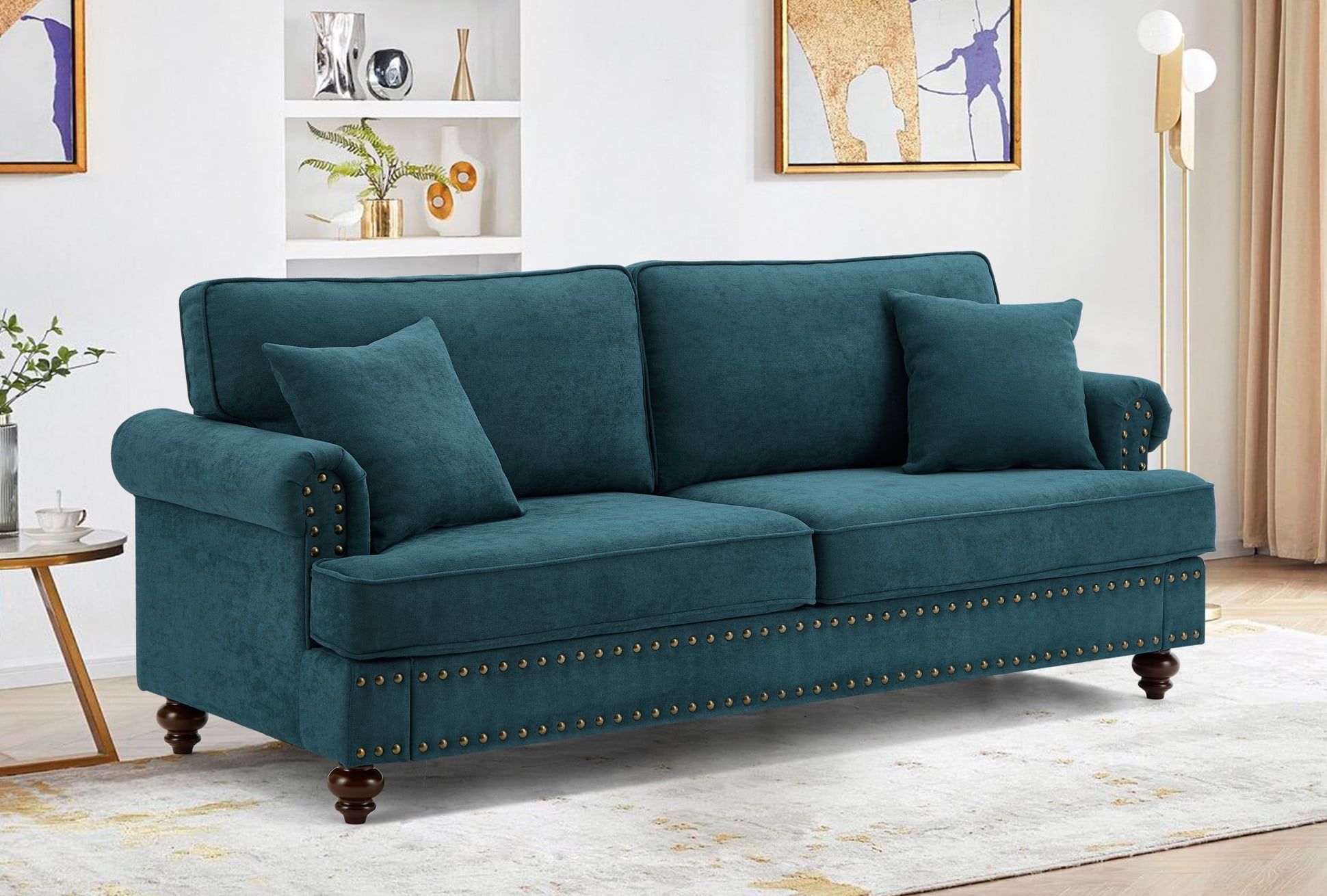 82'' Lake Green Chenille Loveseat Sofa with Rolled Arms and Nailhead Trim