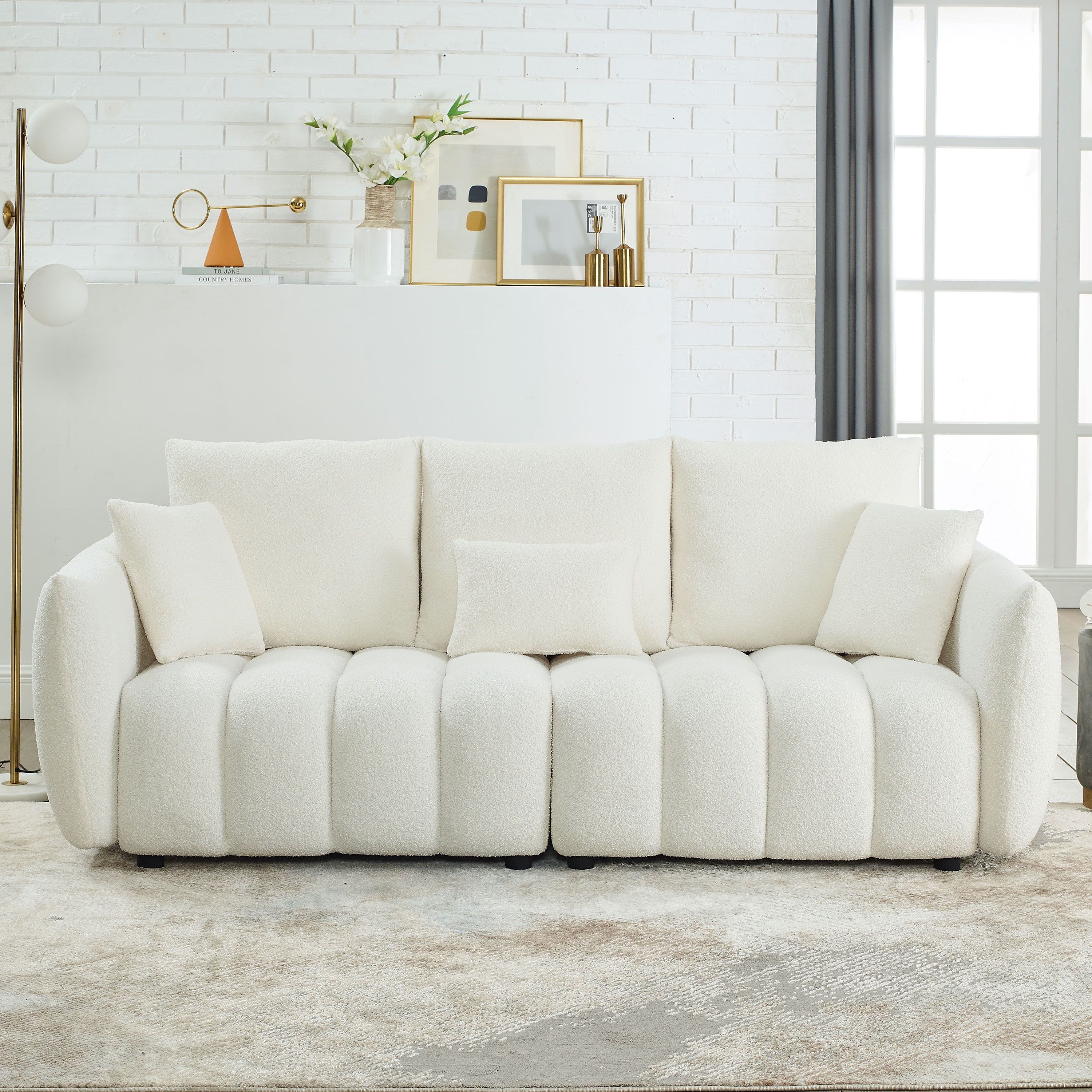 82'' Beige Teddy Velvet 3-Seater Sofa with Pillows