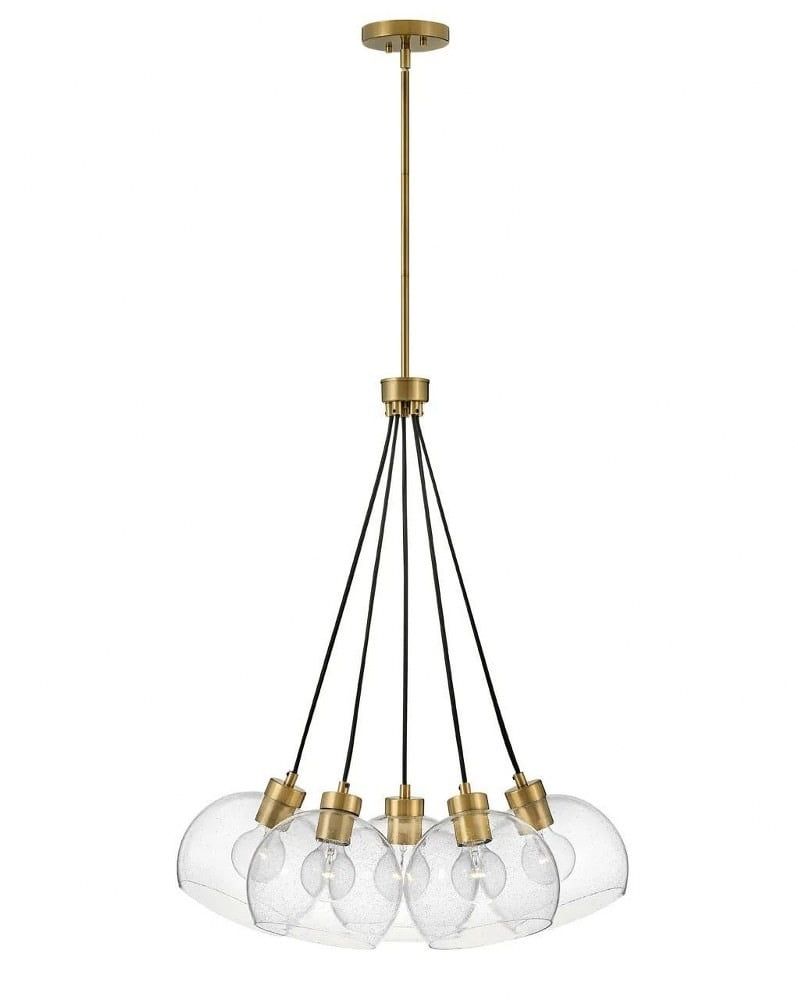 Rumi Modern 5-Light Pendant in Lacquered Brass with Clear Seedy Glass