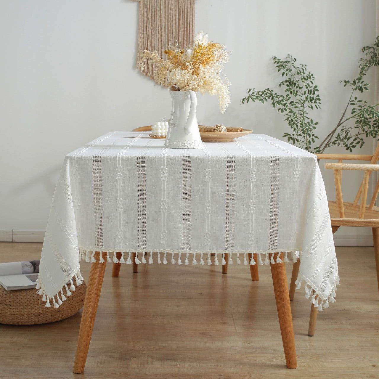 White Cotton Linen Rectangular Tablecloth with Tassels