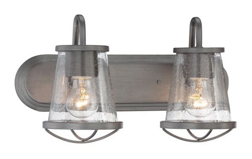 Darby Industrial 2-Light Vanity Sconce in Weathered Iron with Seedy Glass