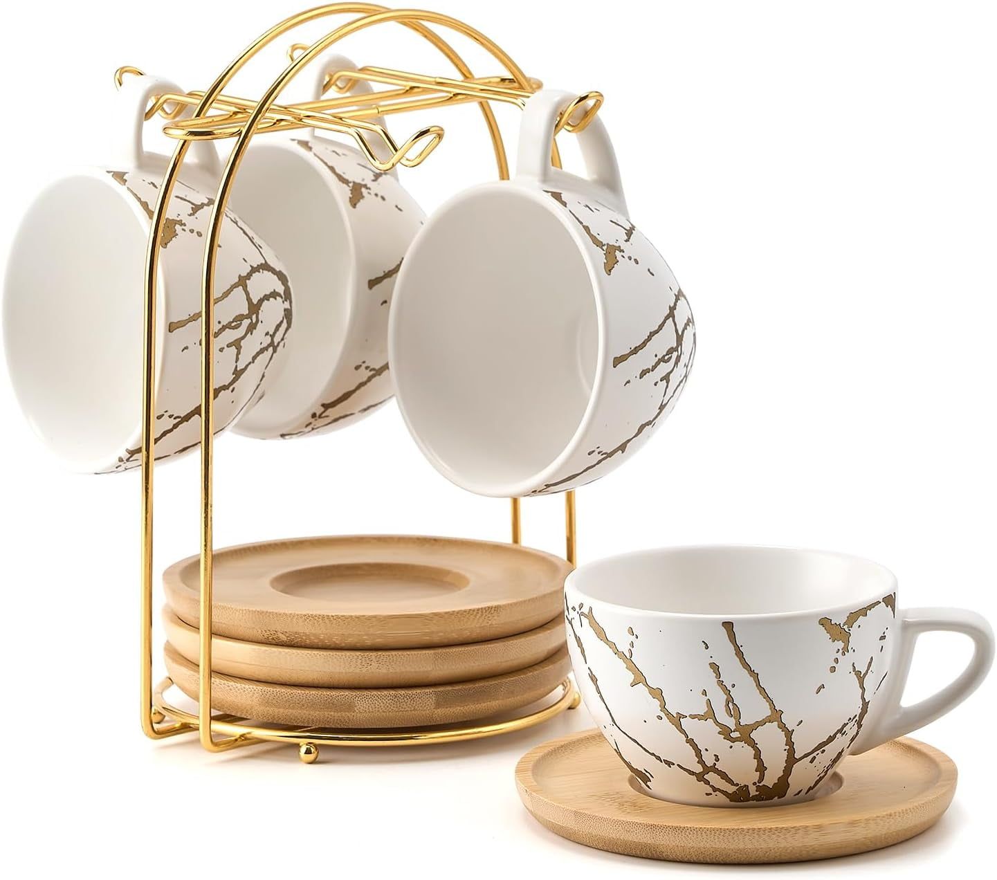 White and Gold Ceramic Espresso Cup Set with Bamboo Saucers and Metal Stand