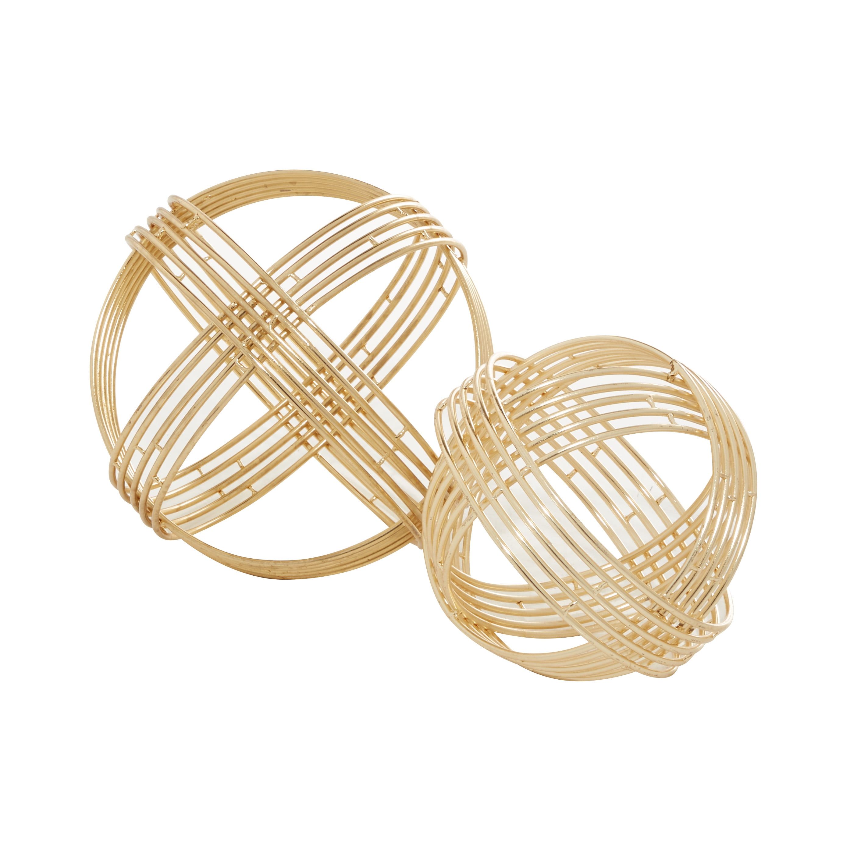 Elegant Gold Geometric Metal Orb Sculptures, Set of 2