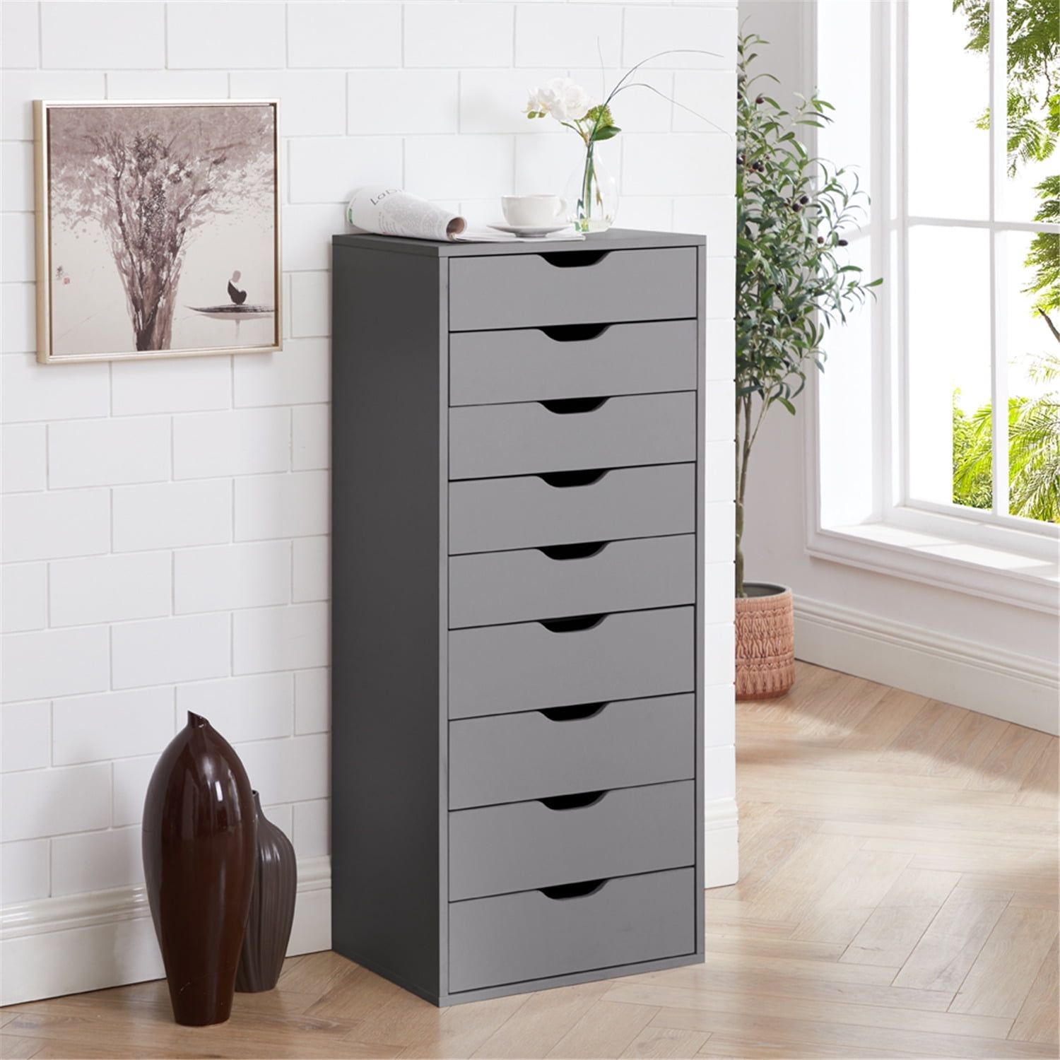 Gray 9-Drawer Tall Dresser with Casters