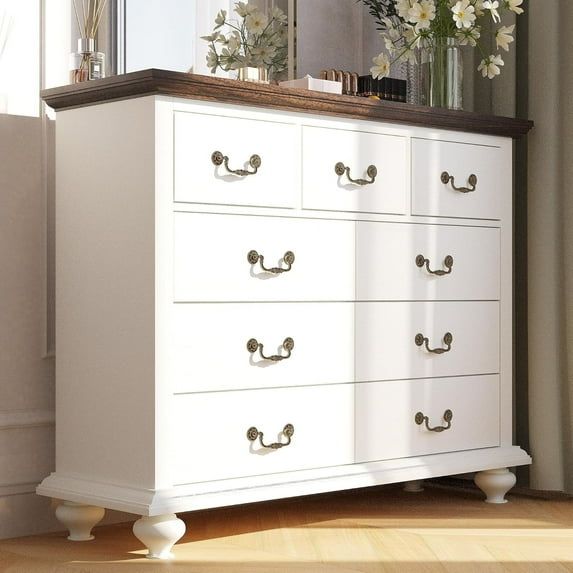 White and Brown Farmhouse Dresser with Deep Drawers