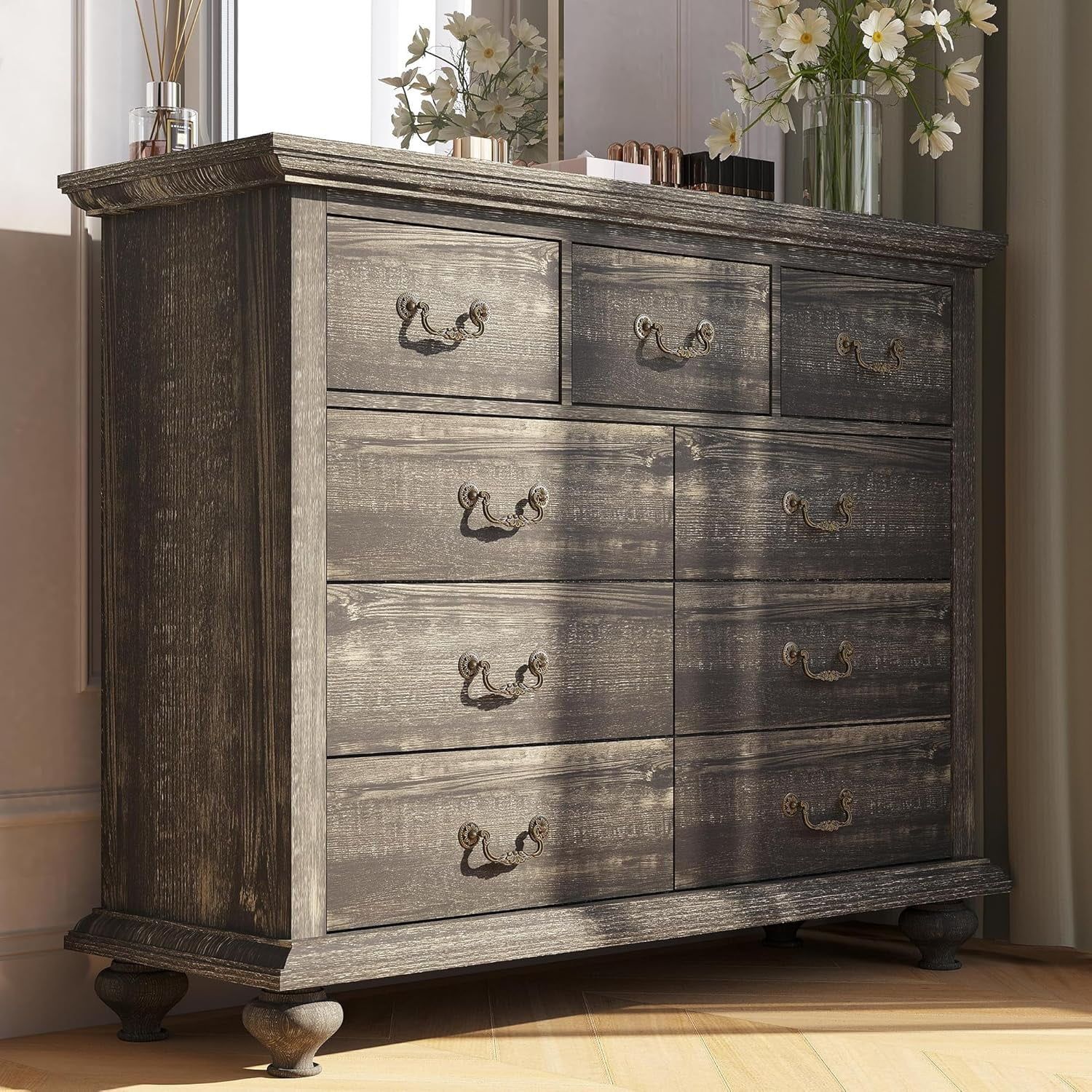 Black Rustic Wood 9-Drawer Dresser with Carved Handles
