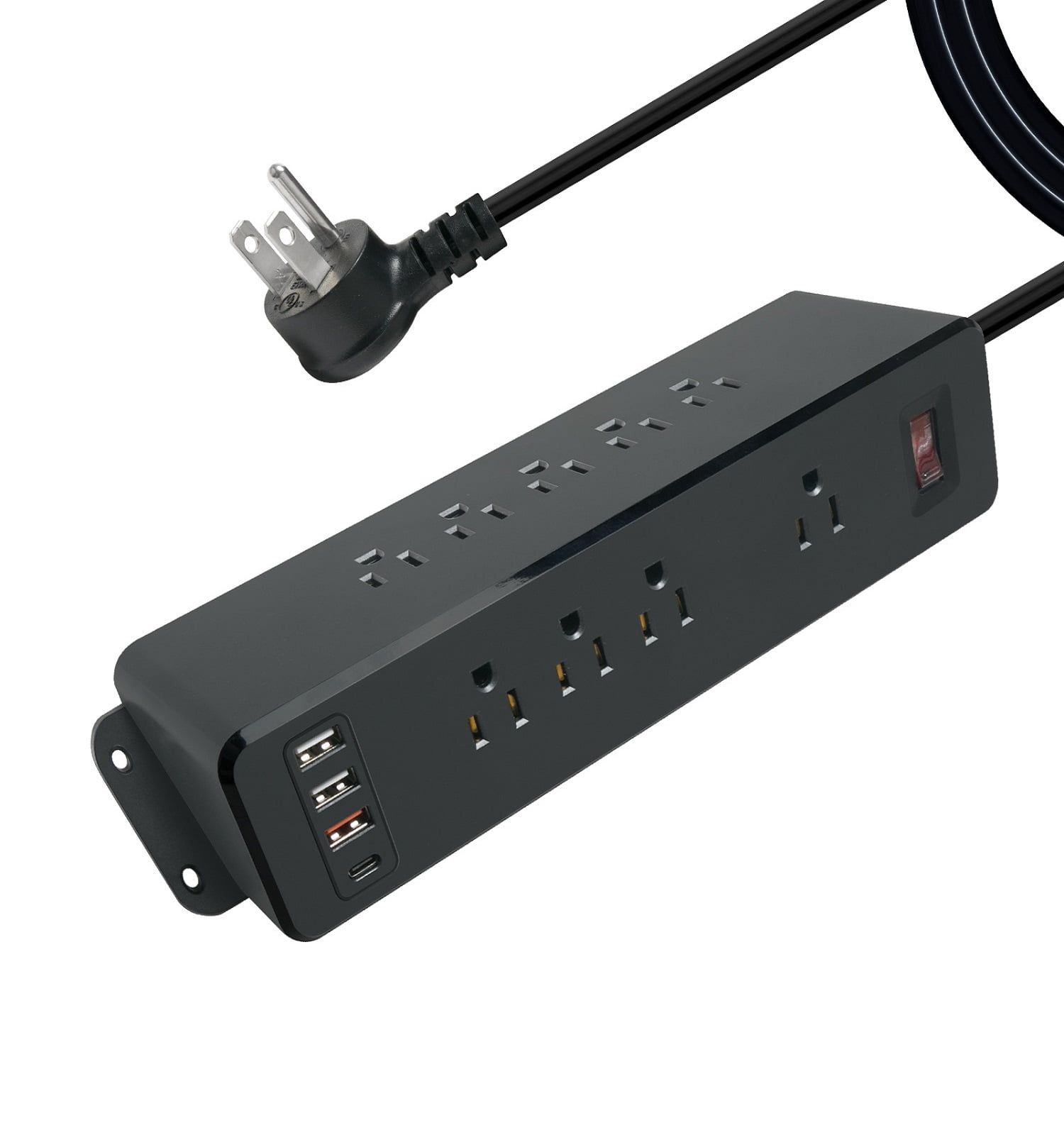 Black 9-Outlet Wall Mount Power Strip with USB-C and USB-A Ports