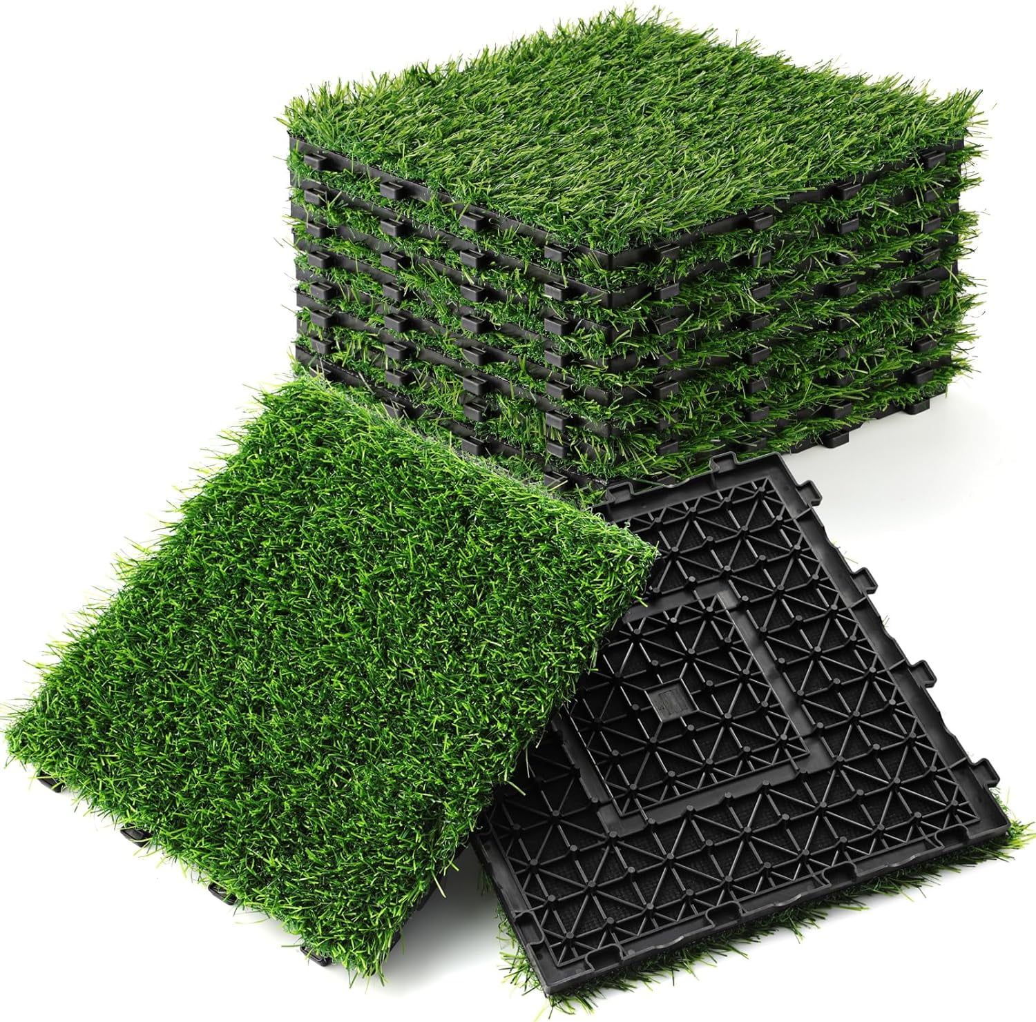 12" x 12" Interlocking Green Artificial Grass Tiles, 9-Pack