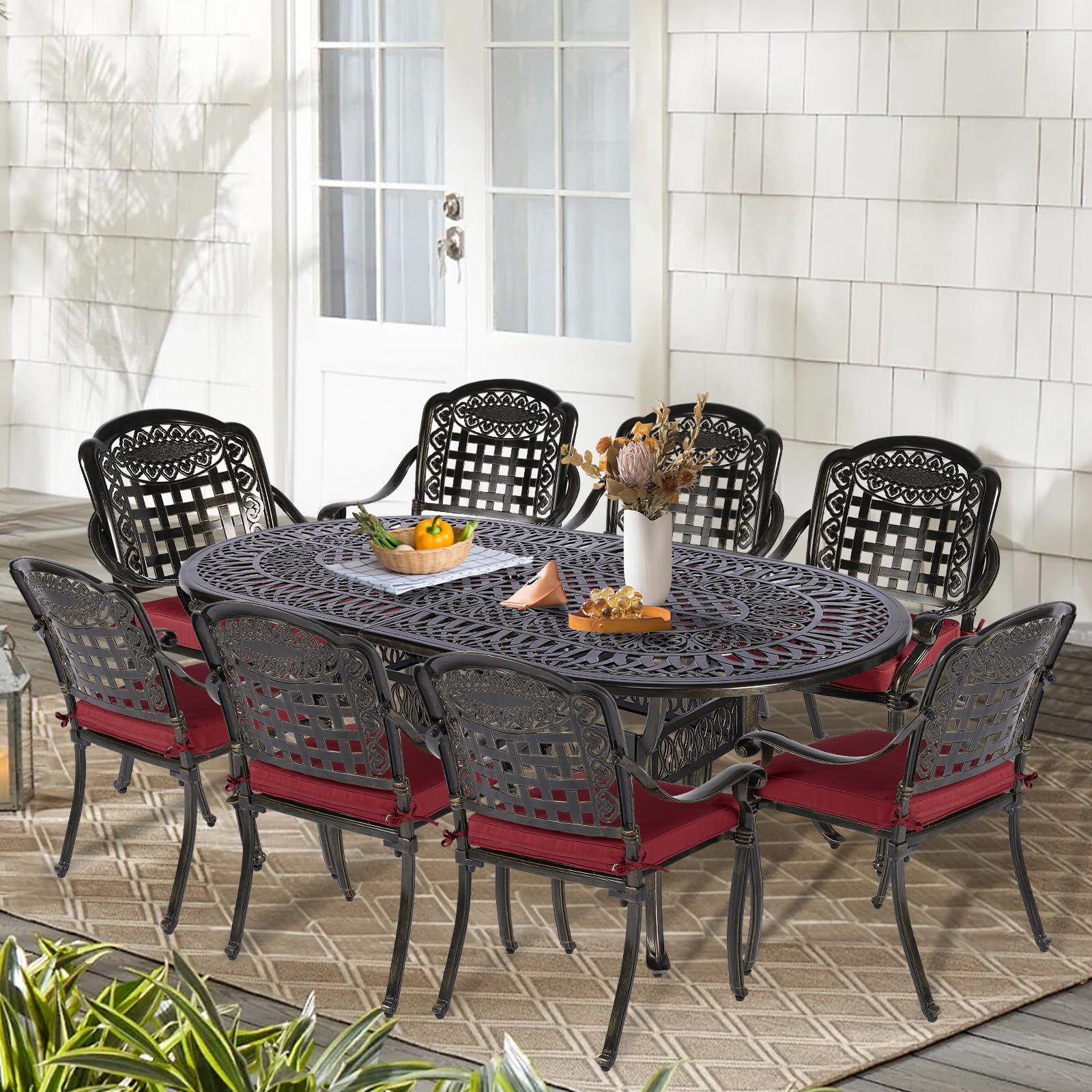 Antique Bronze 9-Piece Cast Aluminum Patio Dining Set with Red Cushions