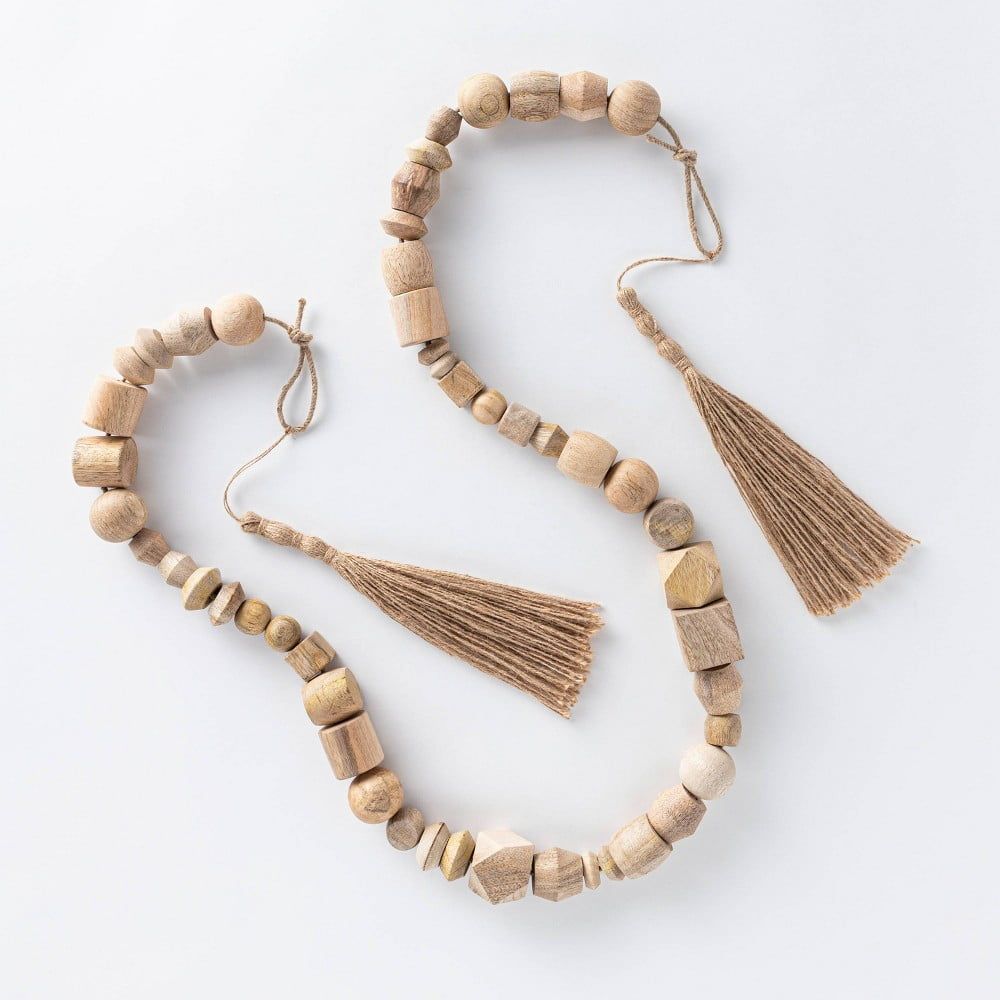 Natural Wooden Bead Garland with Twine Tassels, 96"