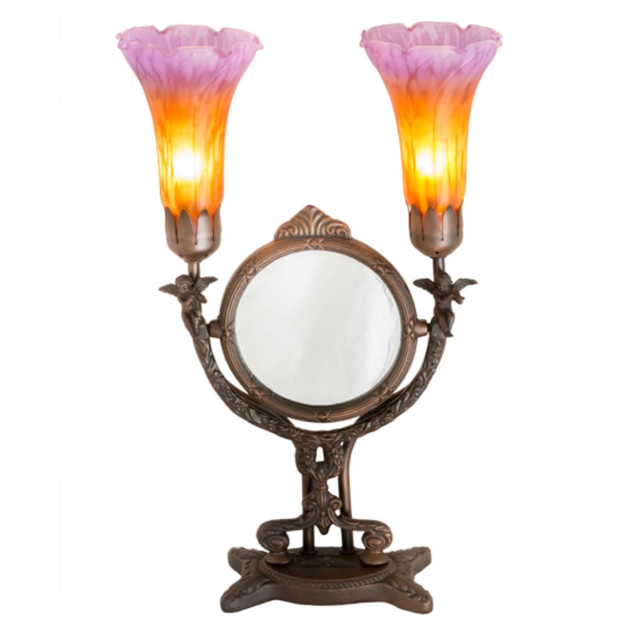 Amber & Purple Pond Lily 17" Bronze Torchiere Table Lamp with Cherub Detail